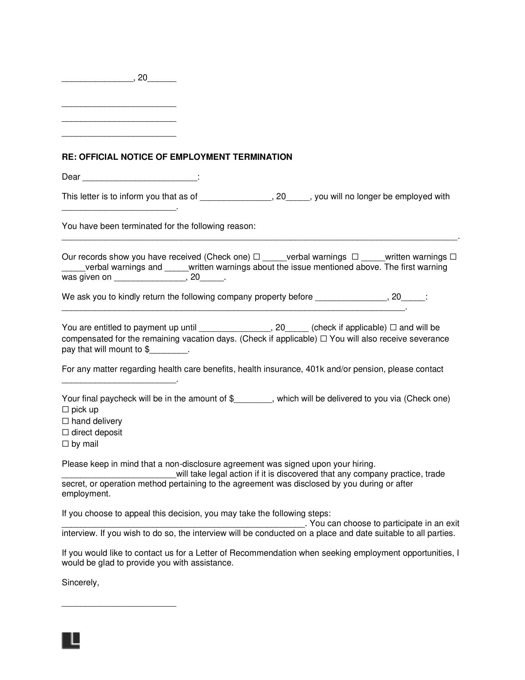 Free Employment Termination Letter Template PDF Word