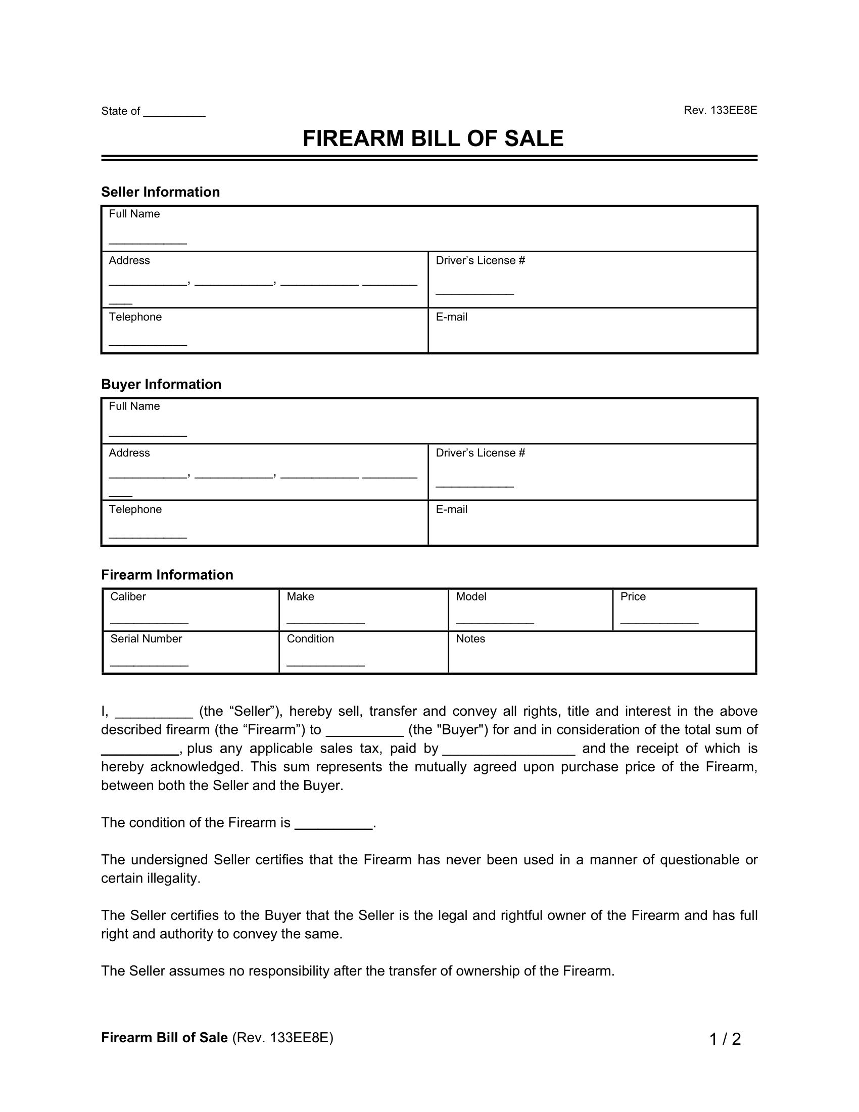 Free Firearm Gun Bill Of Sale Form PDF Word Templates Free Firearm Gun Bill Of Sale Form PDF Word Templates