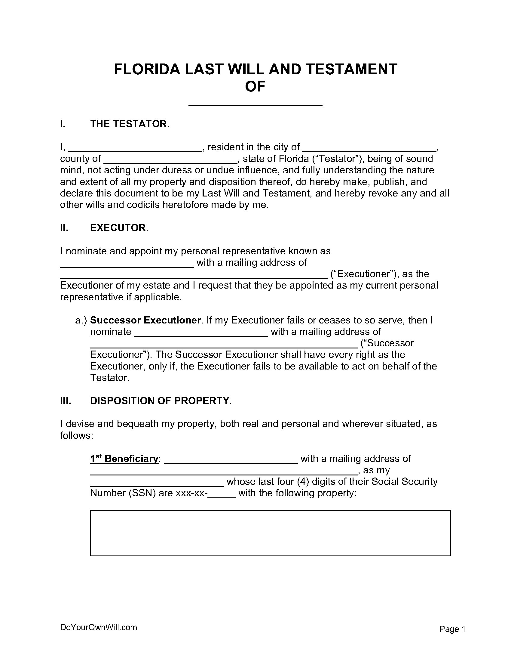 Free Florida Last Will And Testament Form PDF WORD ODT