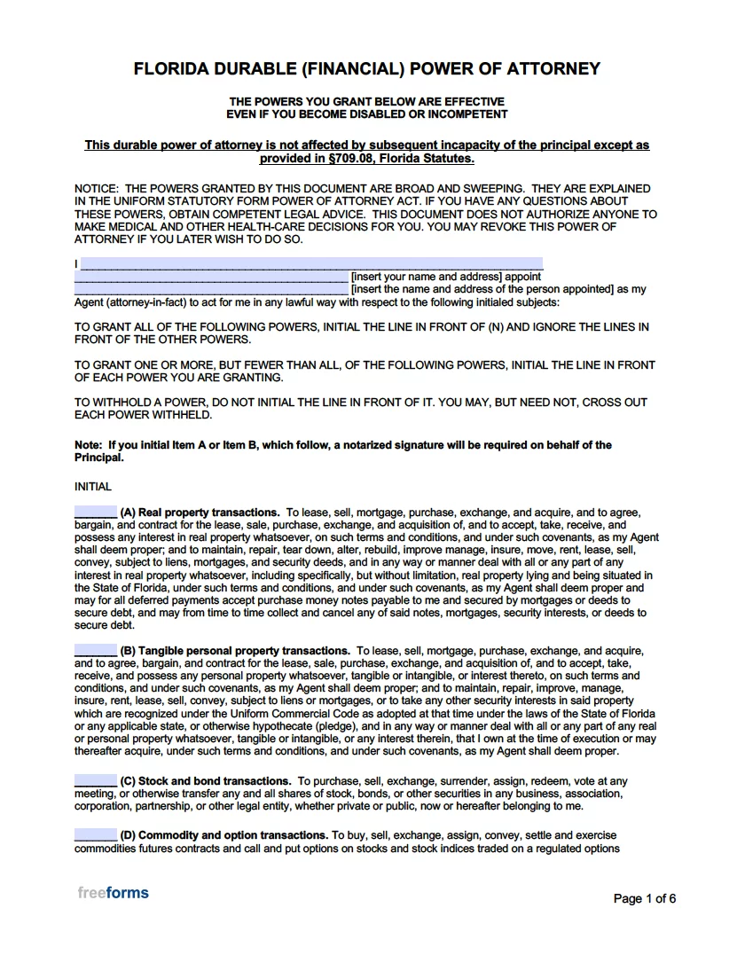 Free Florida Power Of Attorney Forms PDF Word