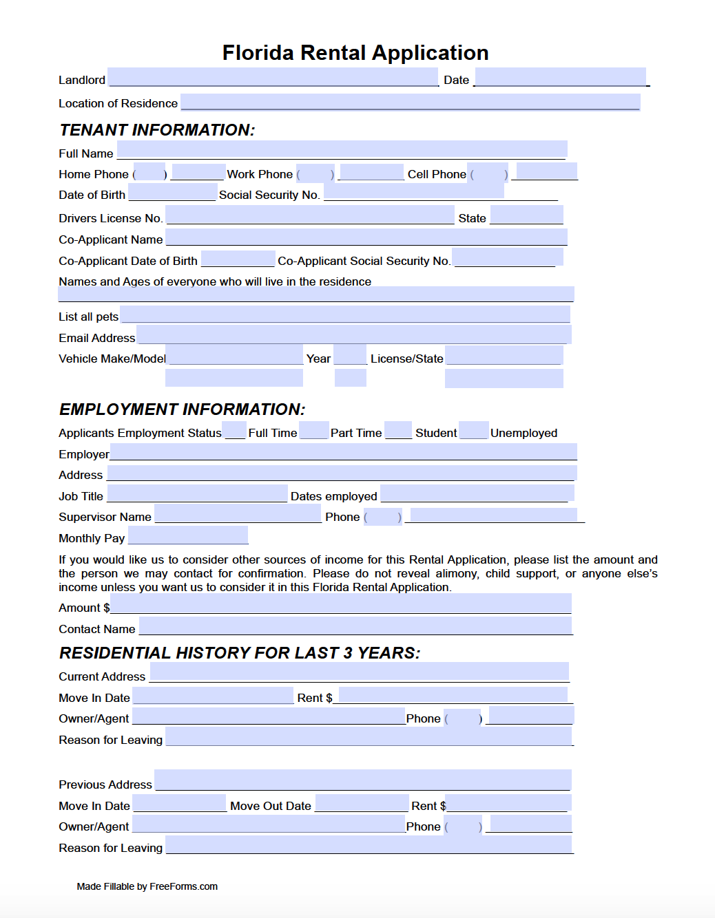 Free Printable Rental Application Form Word
