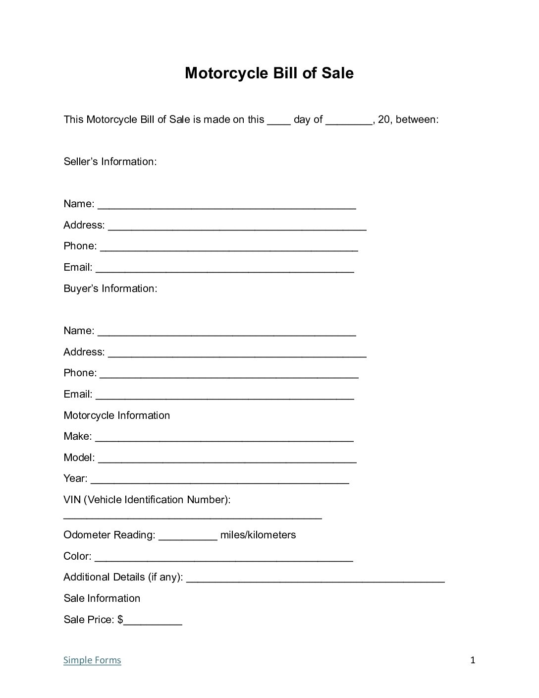 Bill Of Sale Form Printable