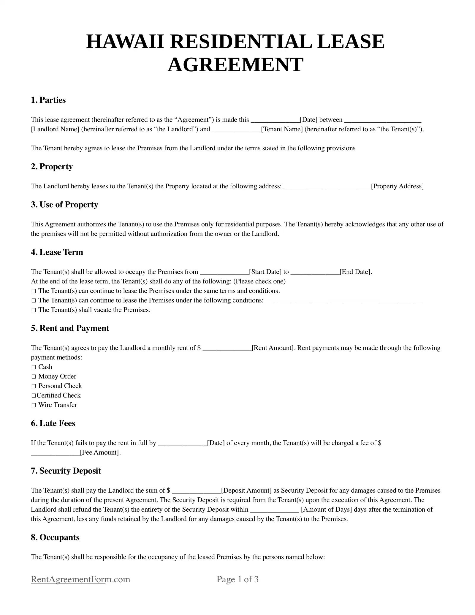 Free Hawaii HI Rental Lease Agreement Form PDF