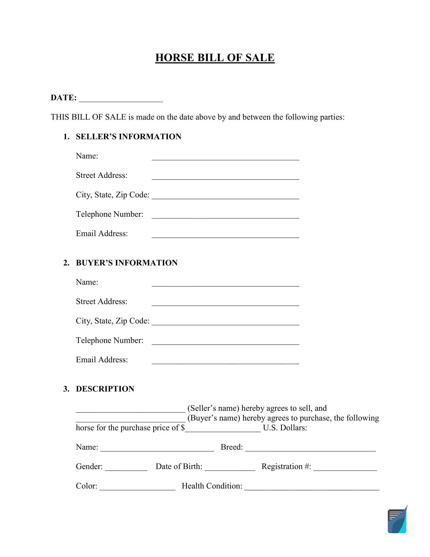 Free Horse Bill Of Sale Form FormsPal
