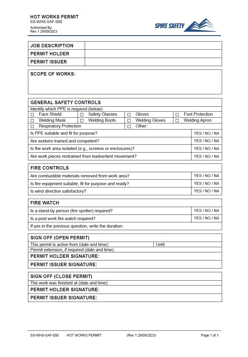 Free Hot Works Permit Template Spire Safety Consultants