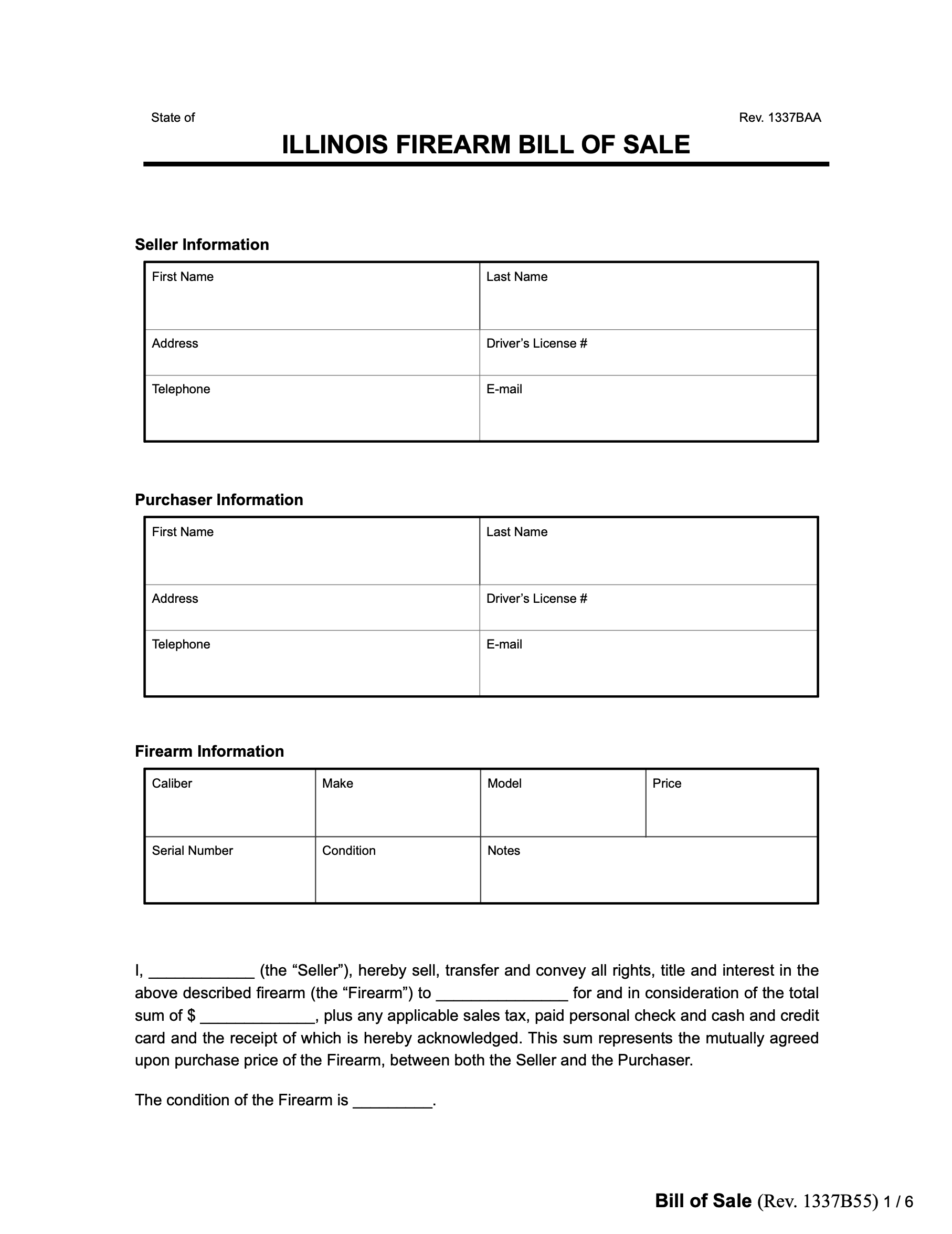 Free Illinois Firearm Bill Of Sale Form PDF Word