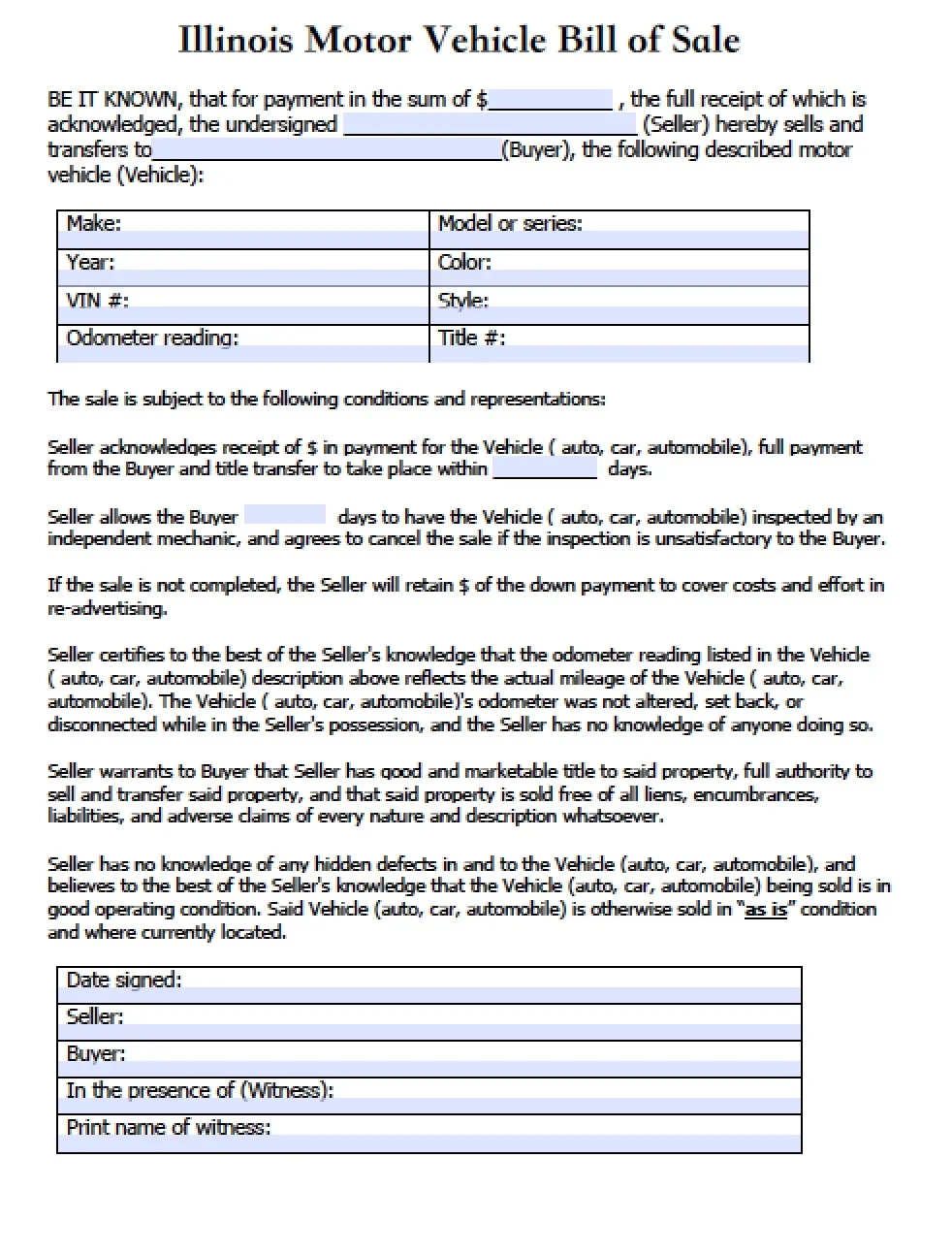 Blank Bill Of Sale Form Printable