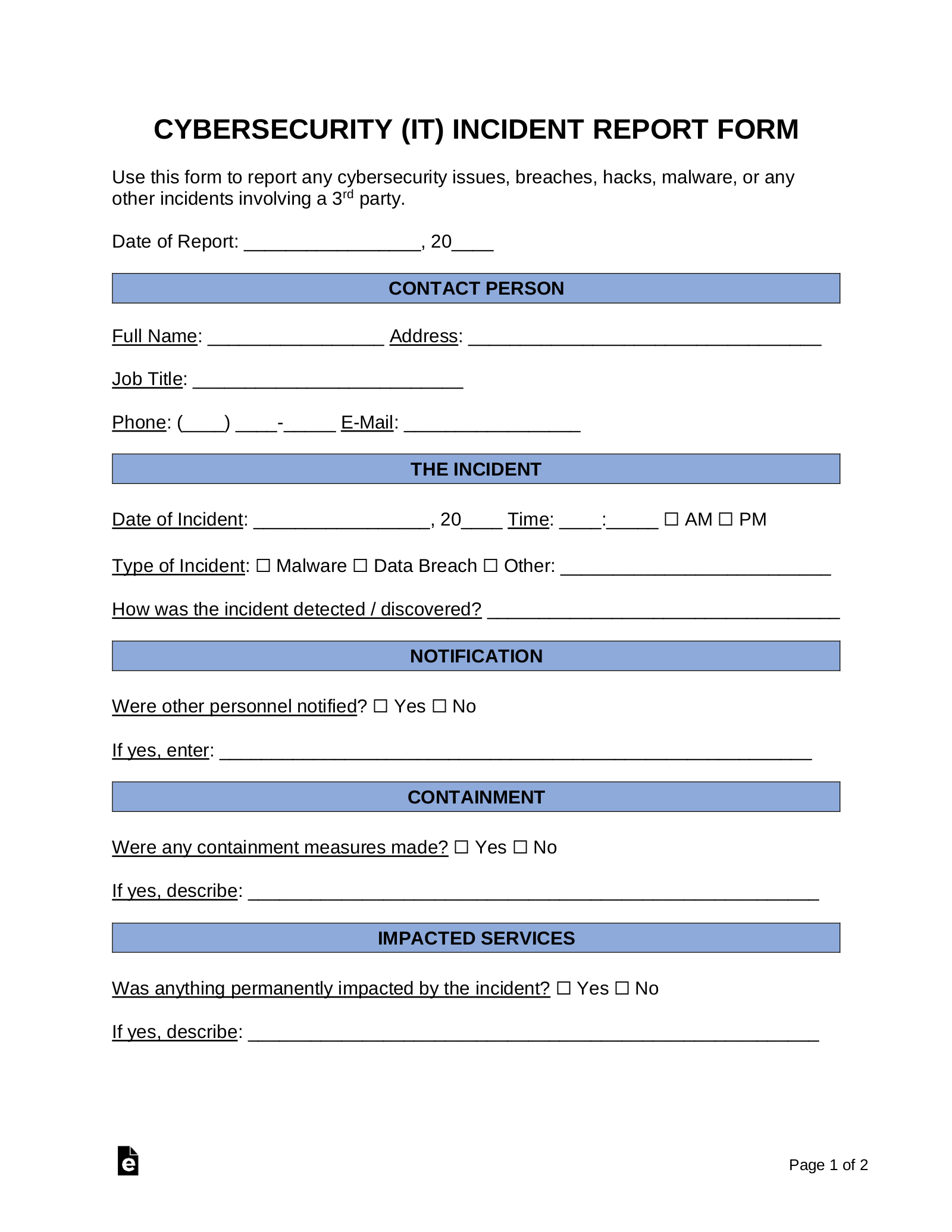 Free Incident Report Templates 18 Sample PDF Word EForms