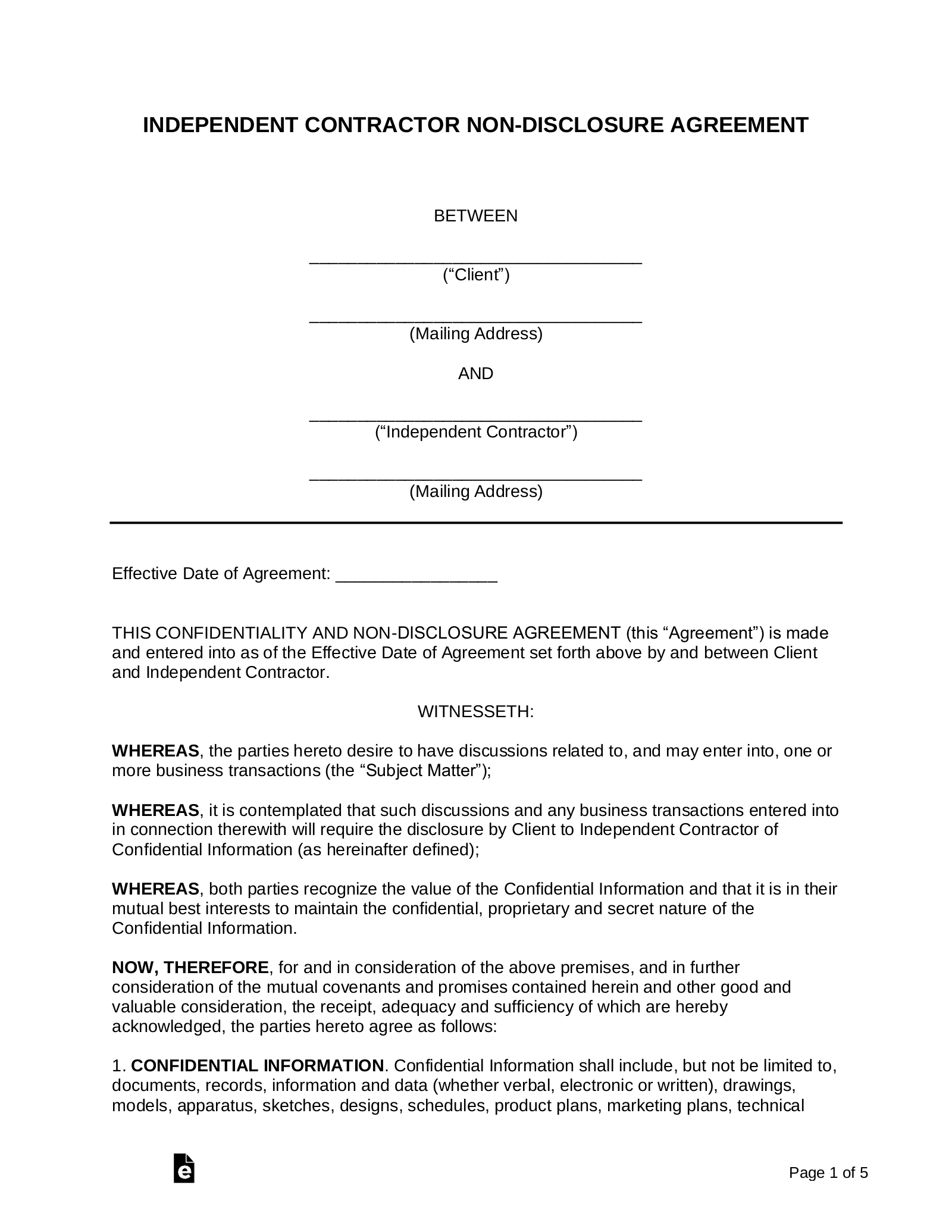 Free Independent Contractor Non Disclosure Agreement NDA PDF Word EForms