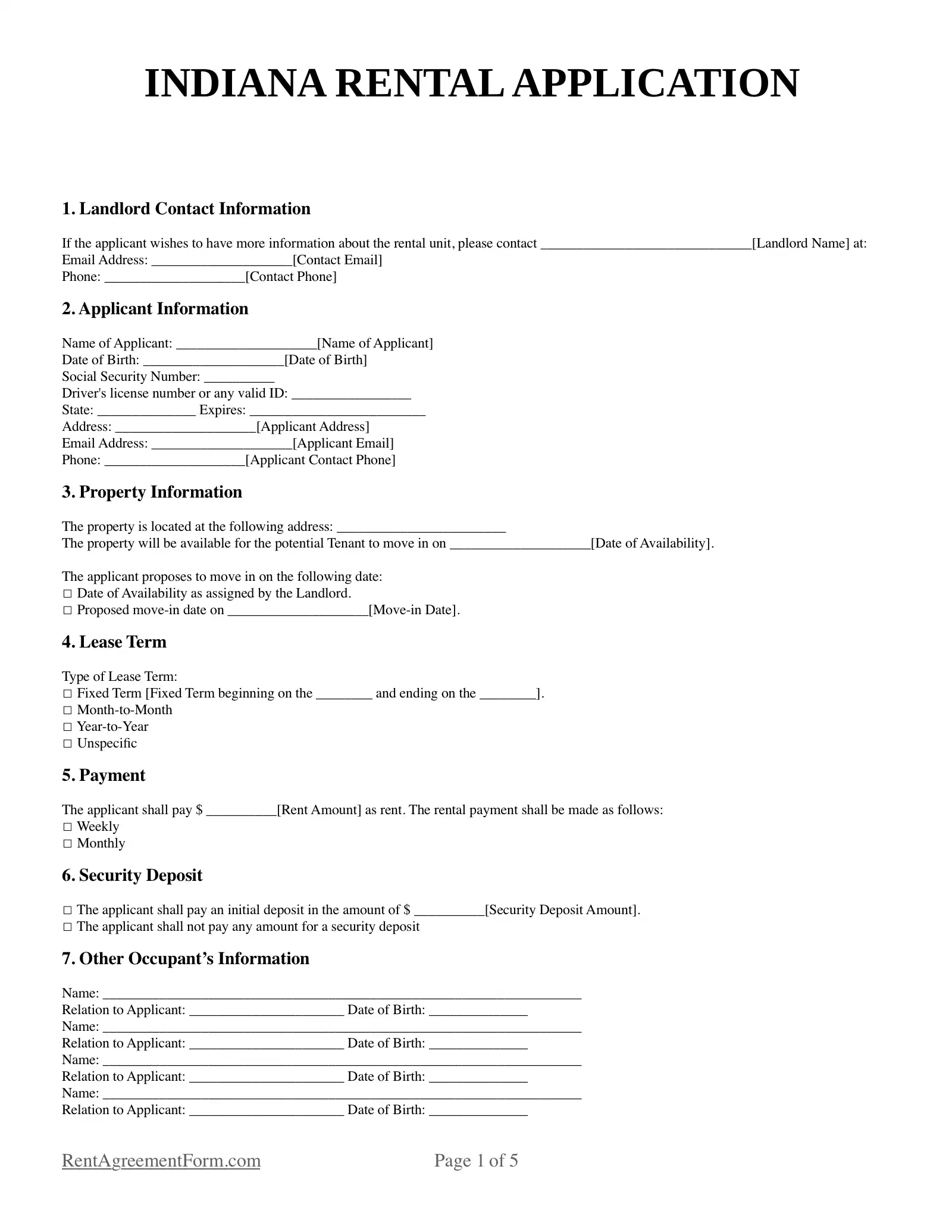 Free Indiana IN Rental Application Form PDF Word