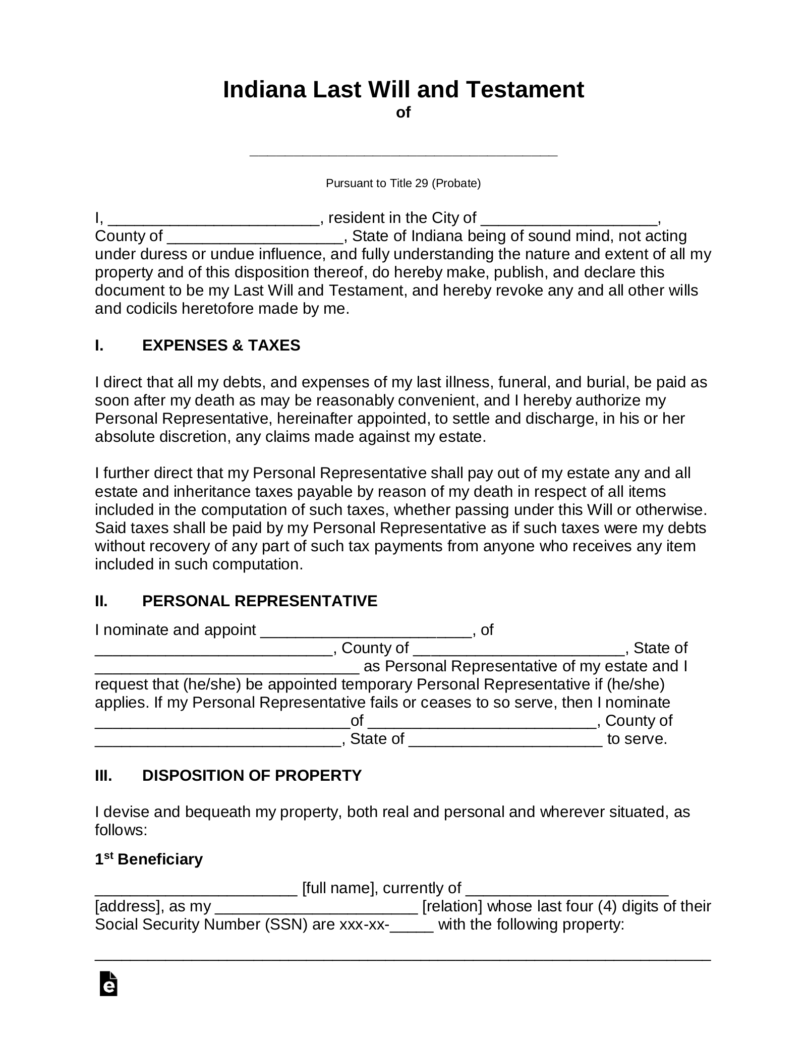 Free Indiana Last Will And Testament Template PDF Word EForms Free Indiana Last Will And Testament Template PDF Word EForms