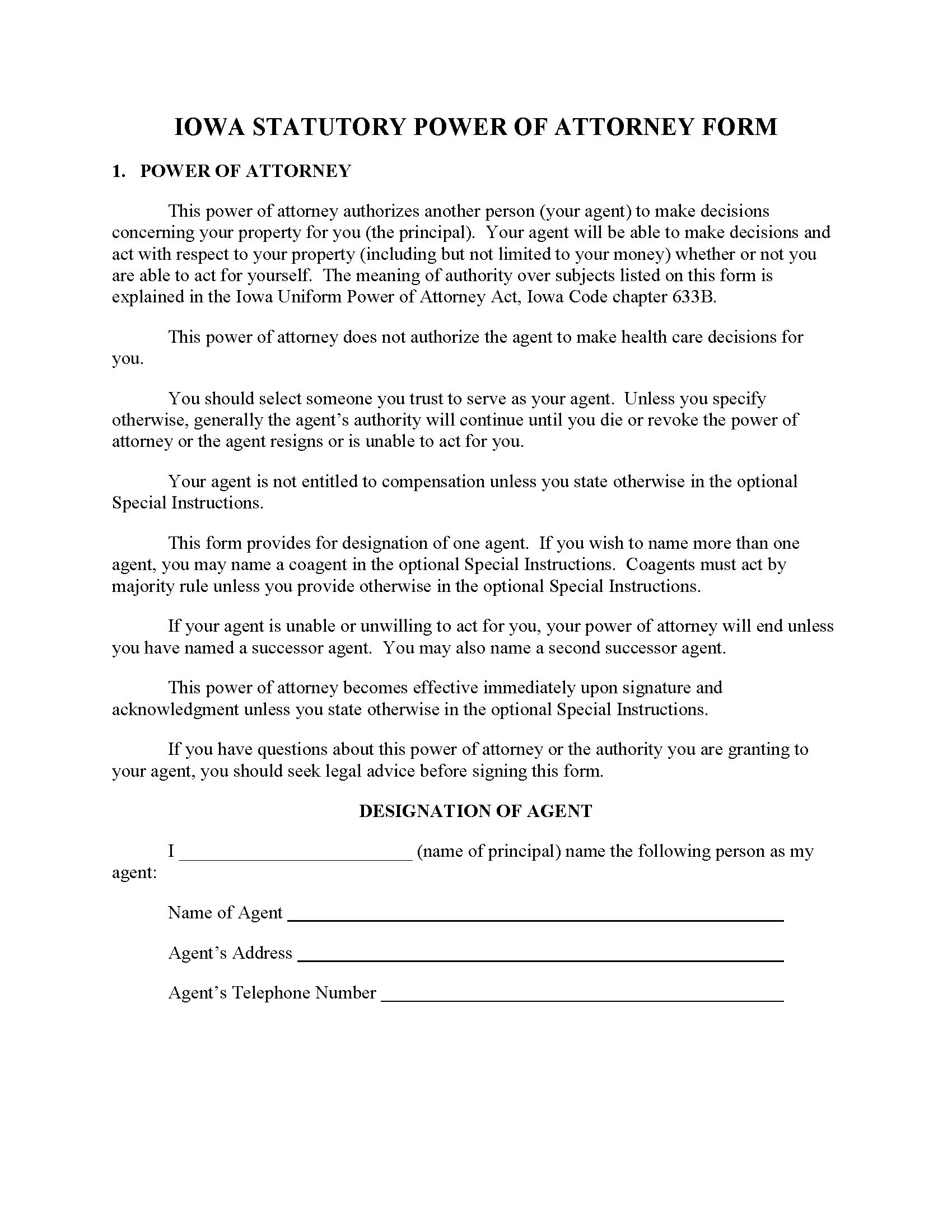 Printable Power Of Attorney Form Iowa