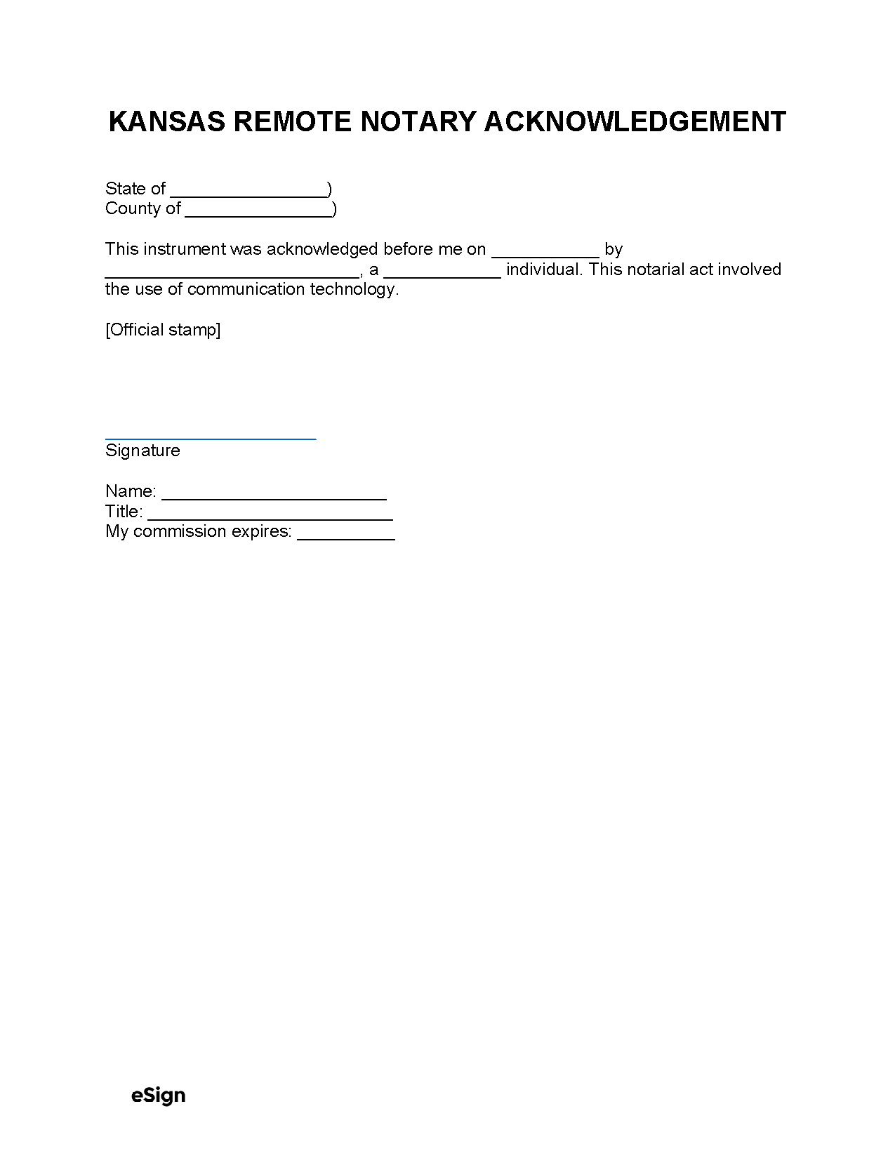 Free Kansas Notary Acknowledgment Form PDF Word