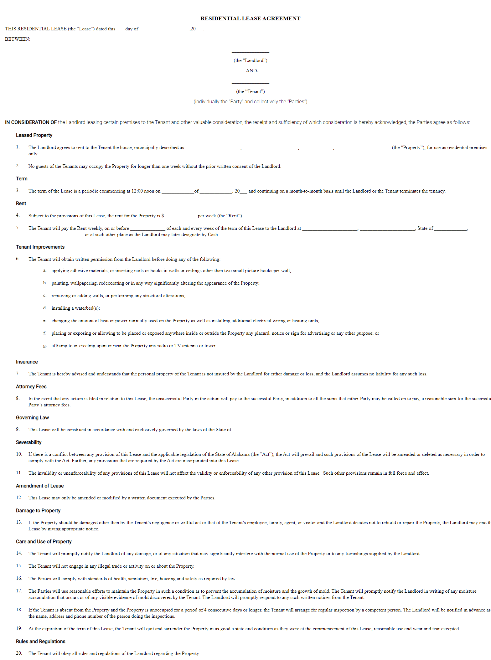 Free Lease Agreement Template Rental Agreement Form PDF