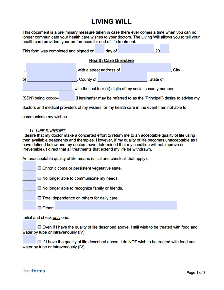 Free Living Will Forms PDF Word Free Living Will Forms PDF Word