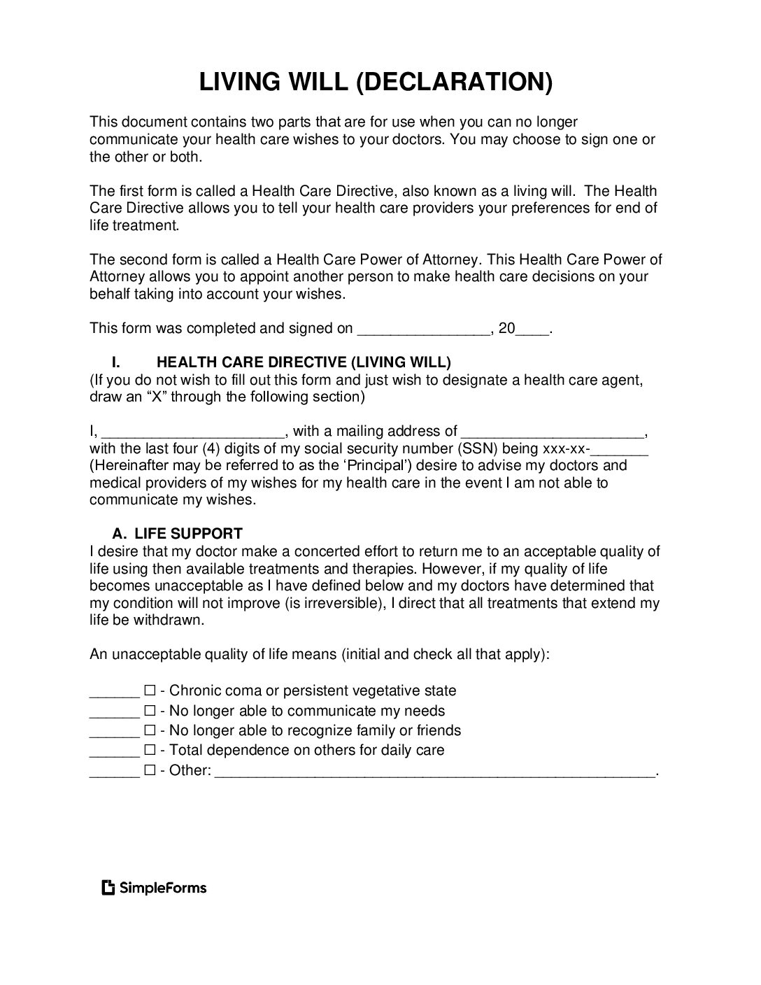 Free Living Will Template For Your Healthcare Choices
