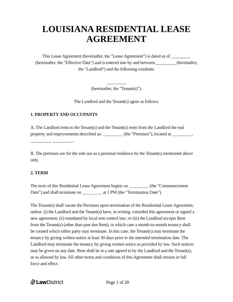Free Louisiana Residential Lease Agreement PDF Word LawDistrict