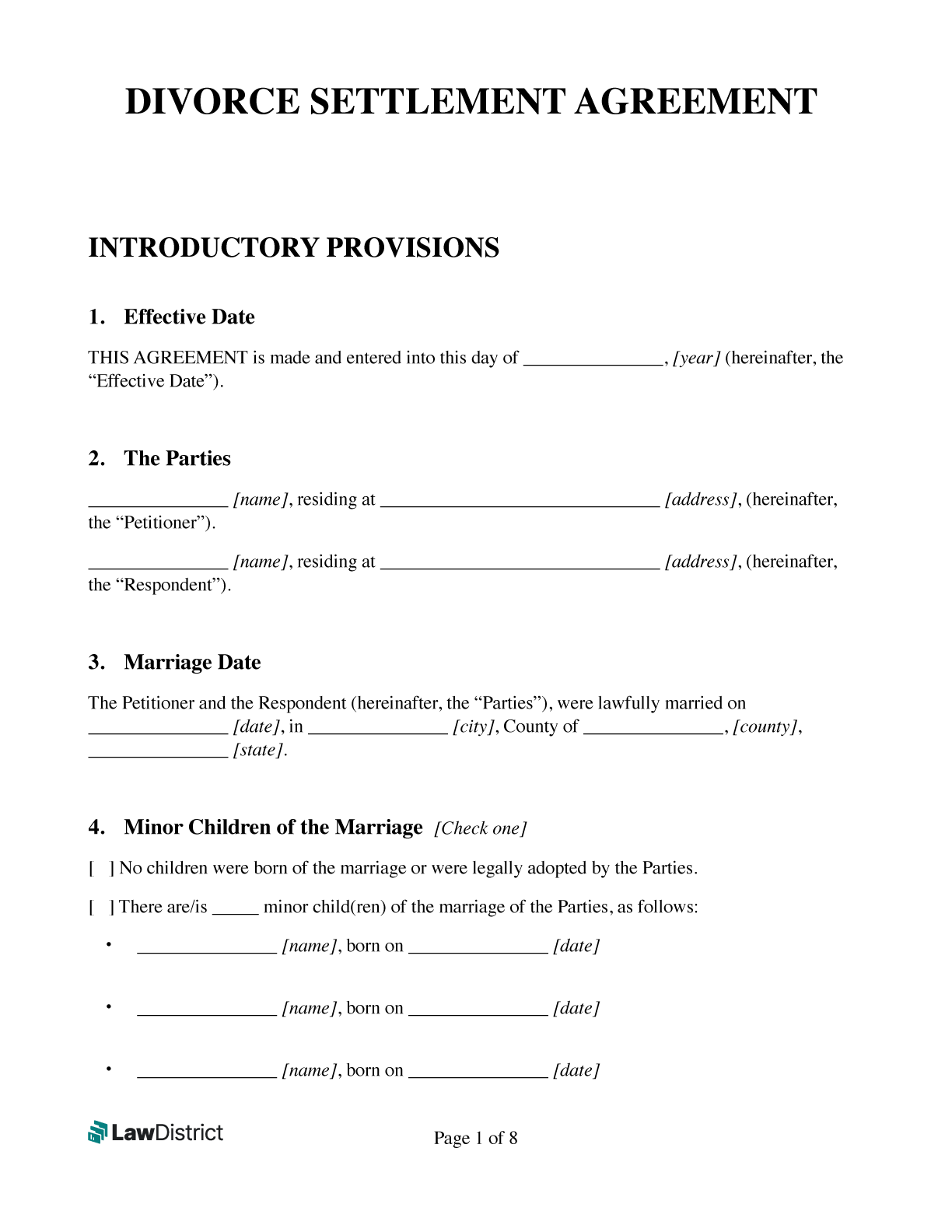 Free Marital Settlement Agreement Divorce Template LawDistrict
