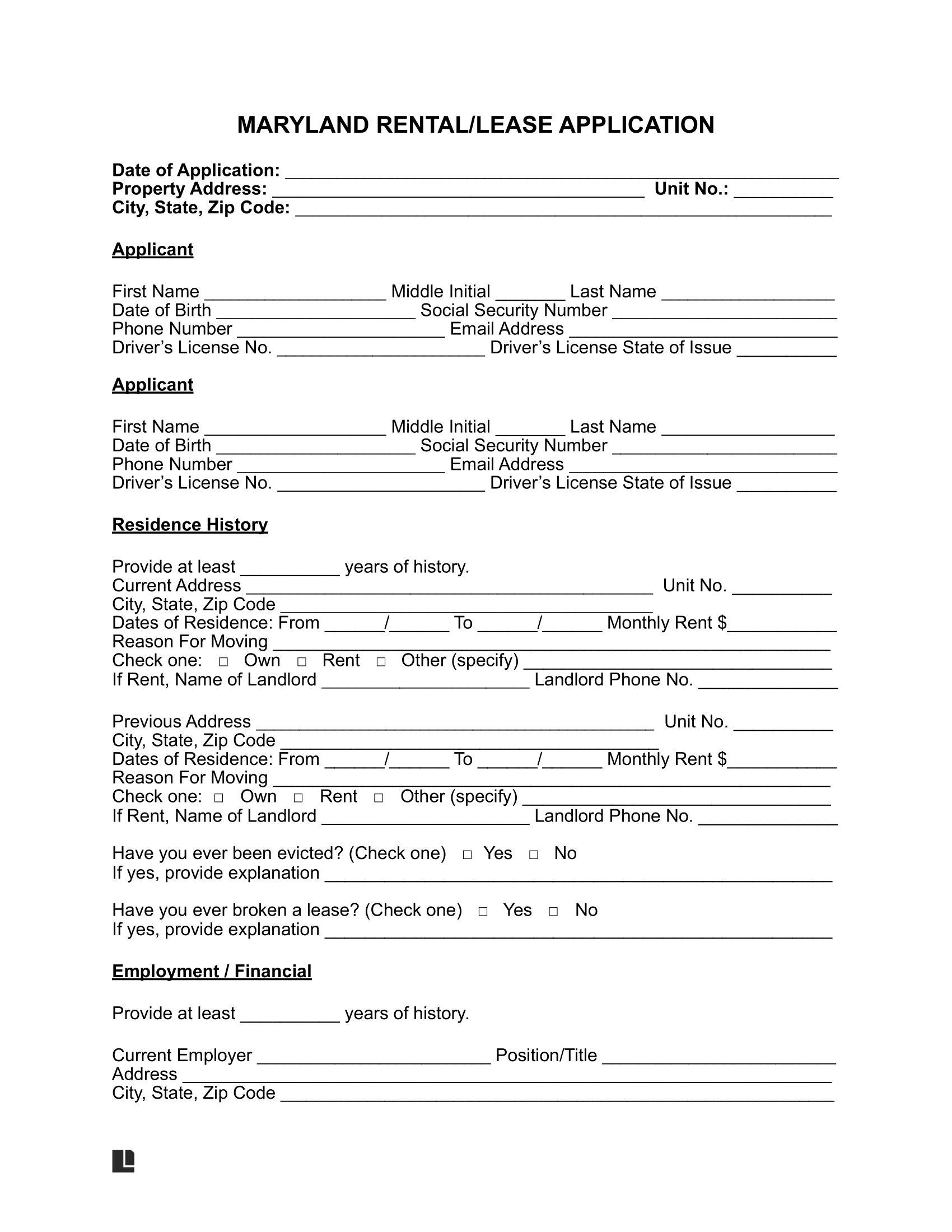 Free Maryland Rental Application Form PDF Word Download