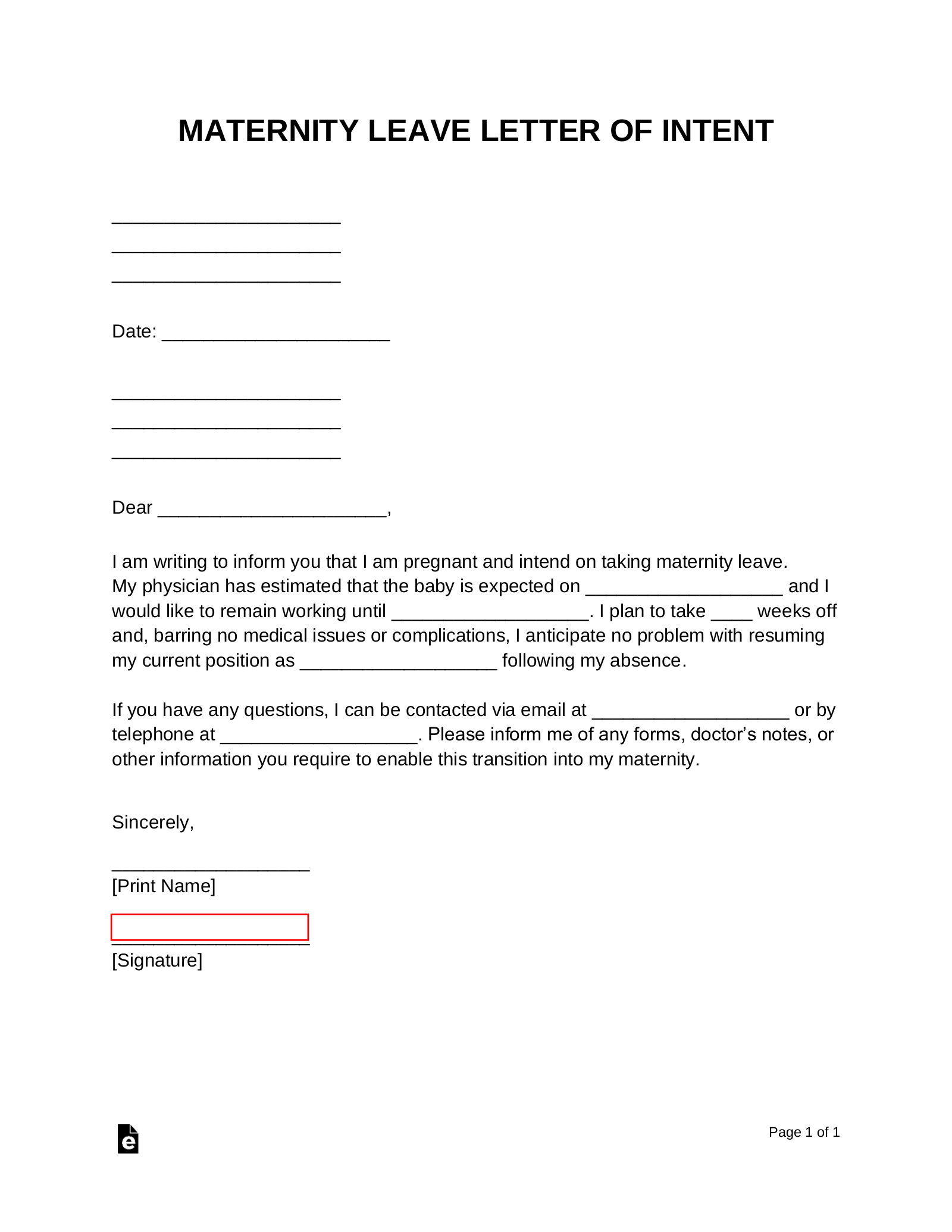 Free Maternity Leave Letter Of Intent Template PDF Word EForms