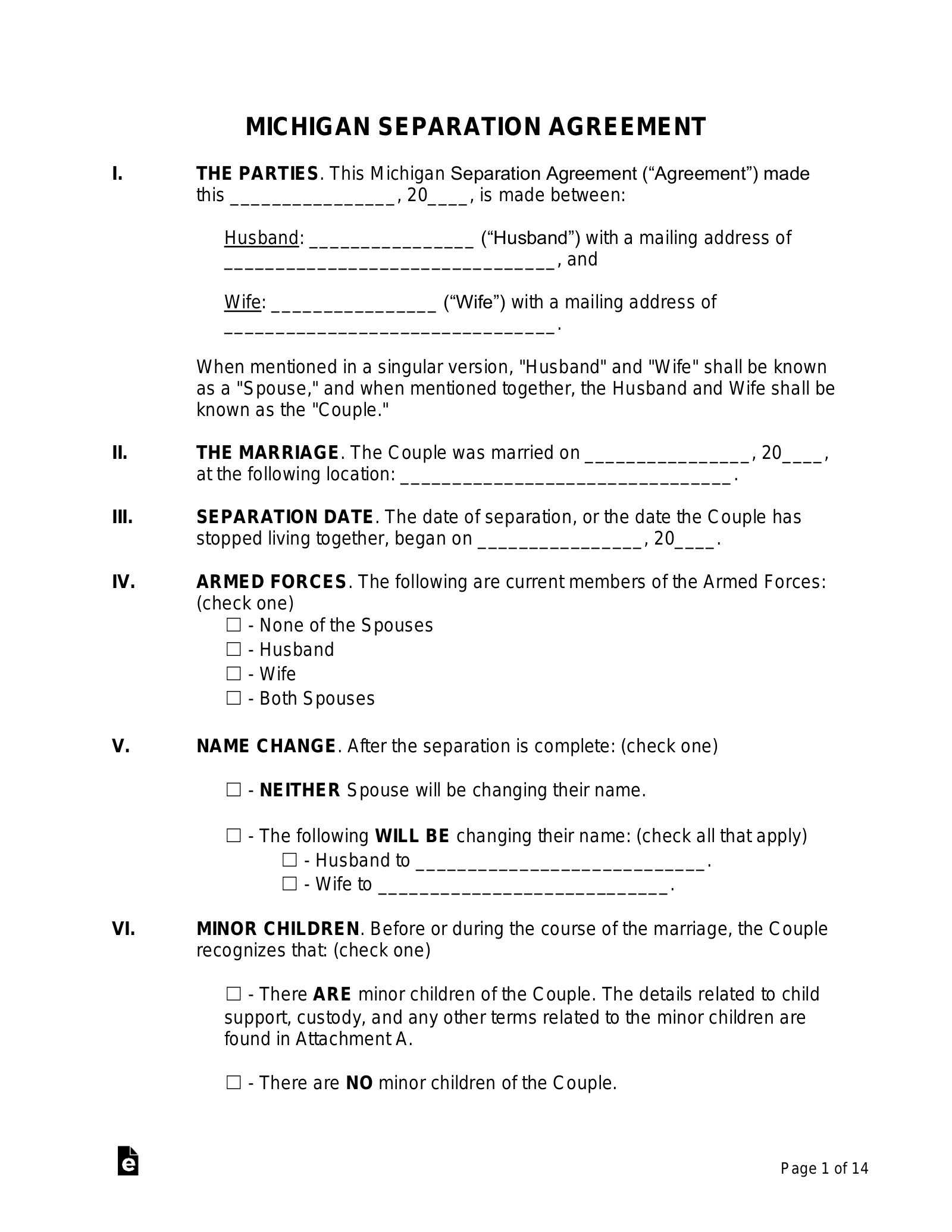 Free Michigan Separation Agreement Template PDF Word EForms