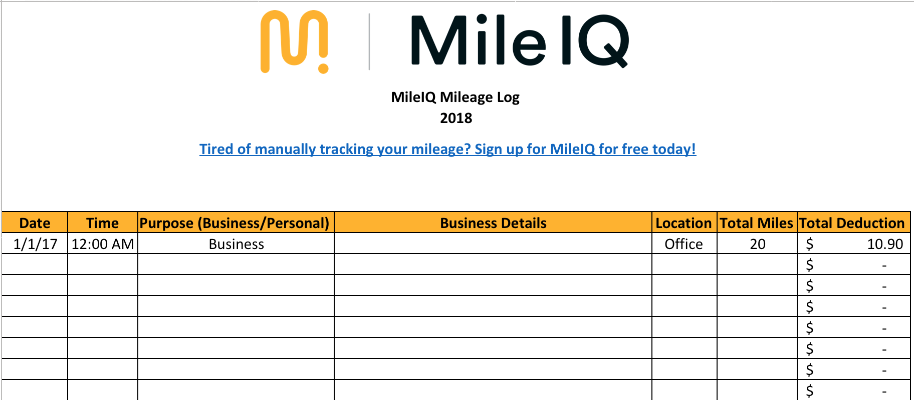 Free Mileage Log Template Track Business Miles MileIQ