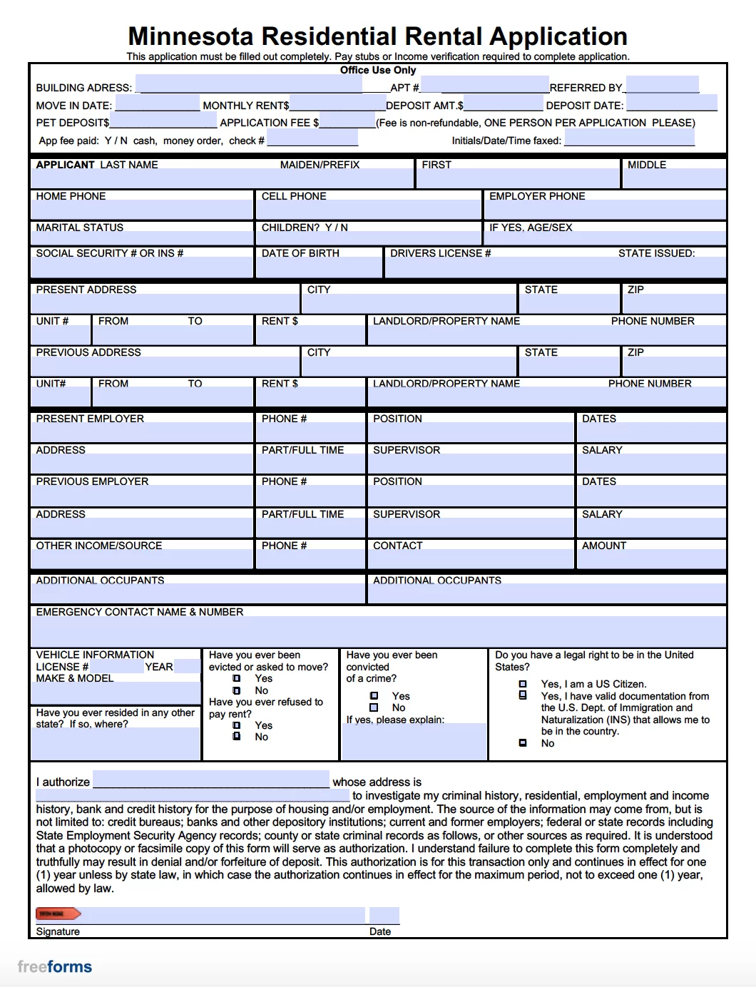Free Minnesota Residential Rental Application Form PDF Word