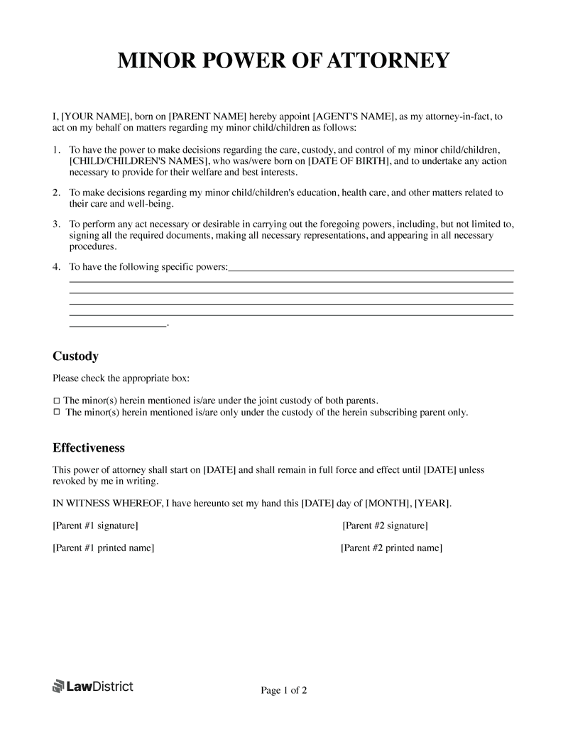 Free Minor Power Of Attorney PDF Word Template LawDistrict Free Minor Power Of Attorney PDF Word Template LawDistrict