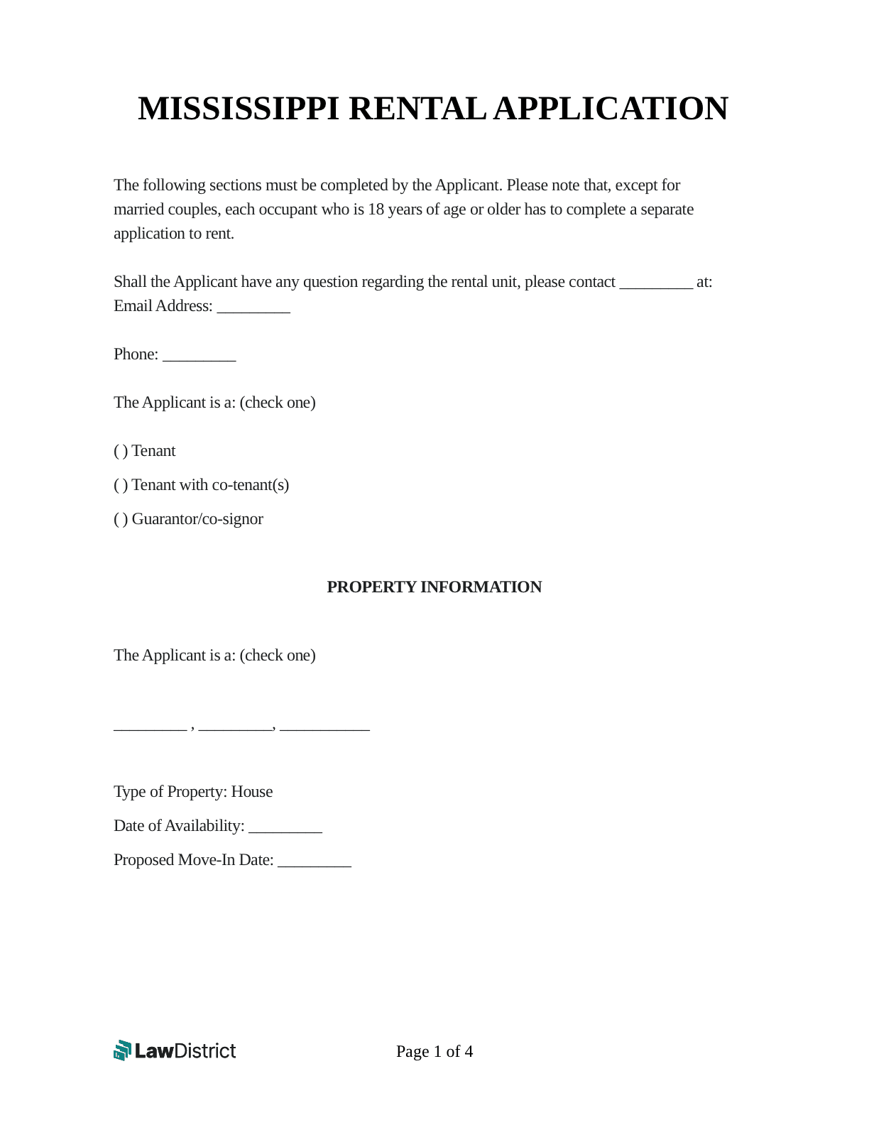 Free Mississippi Rental Application Form PDF Sample LawDistrict