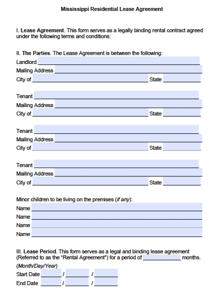 Free Mississippi Rental Lease Agreement Templates PDF Word