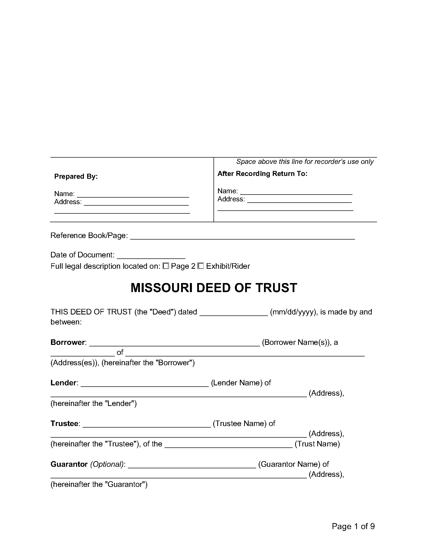 Free Missouri Deed Of Trust Form PDF Word