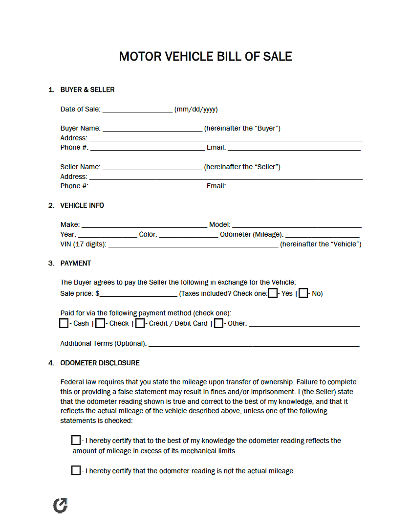Free Motor Vehicle Bill Of Sale Form PDF WORD RTF Free Motor Vehicle Bill Of Sale Form PDF WORD RTF