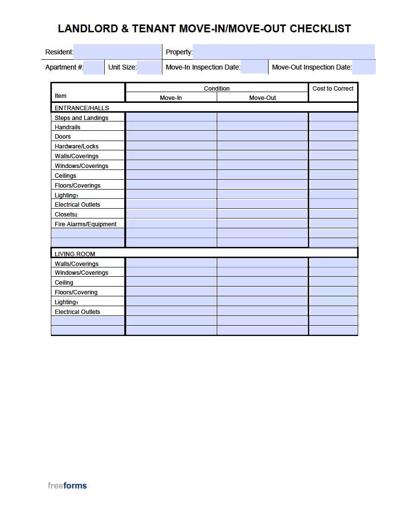Free Move In Move Out Checklist For Landlord Tenant PDF Word