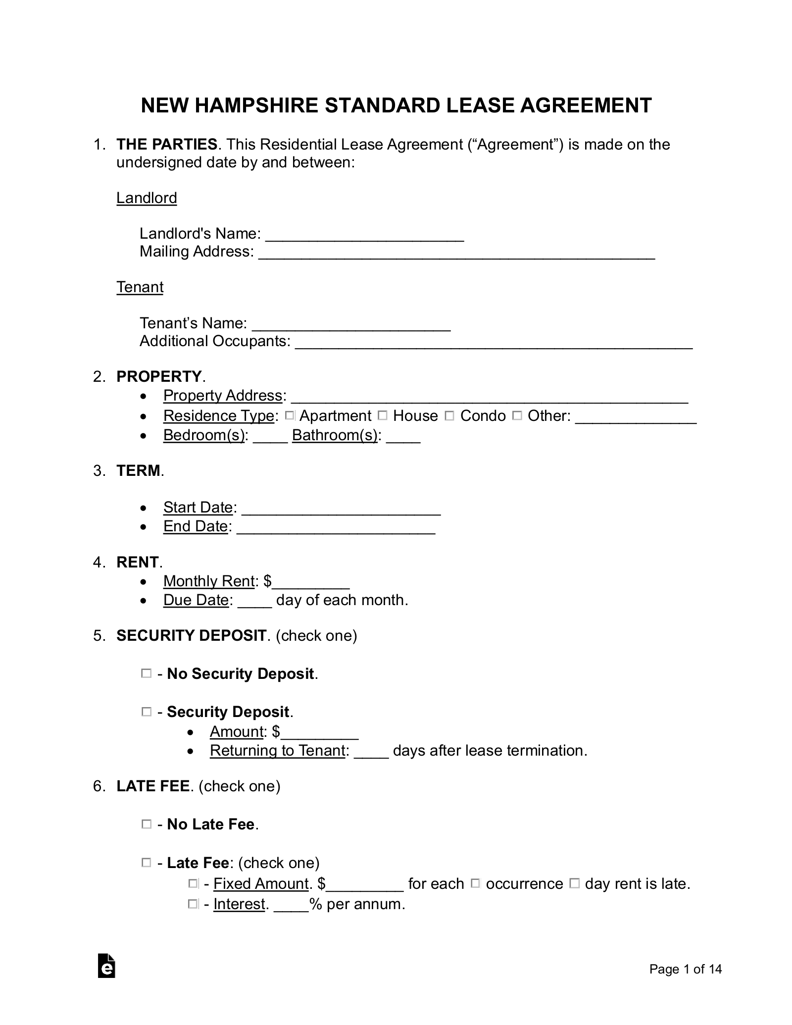 Free New Hampshire Standard Lease Agreement Template PDF Word EForms