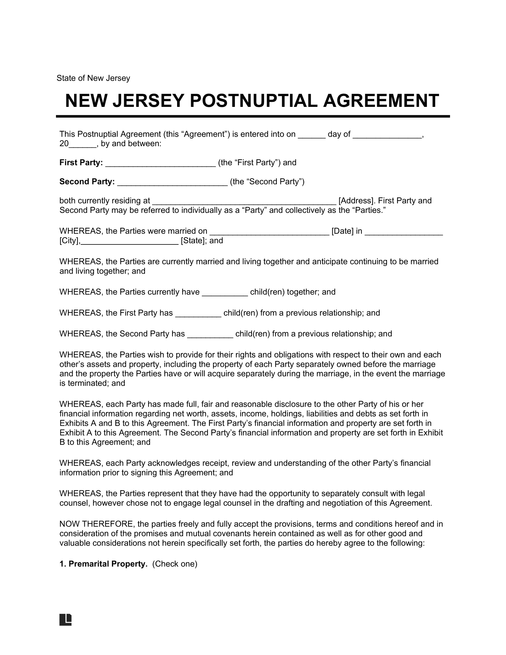 Free New Jersey Postnuptial Agreement Template PDF Word