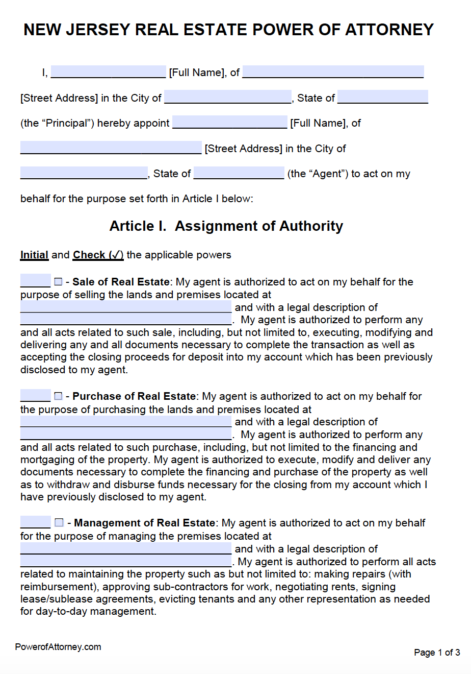 Printable Power Of Attorney Form Nj