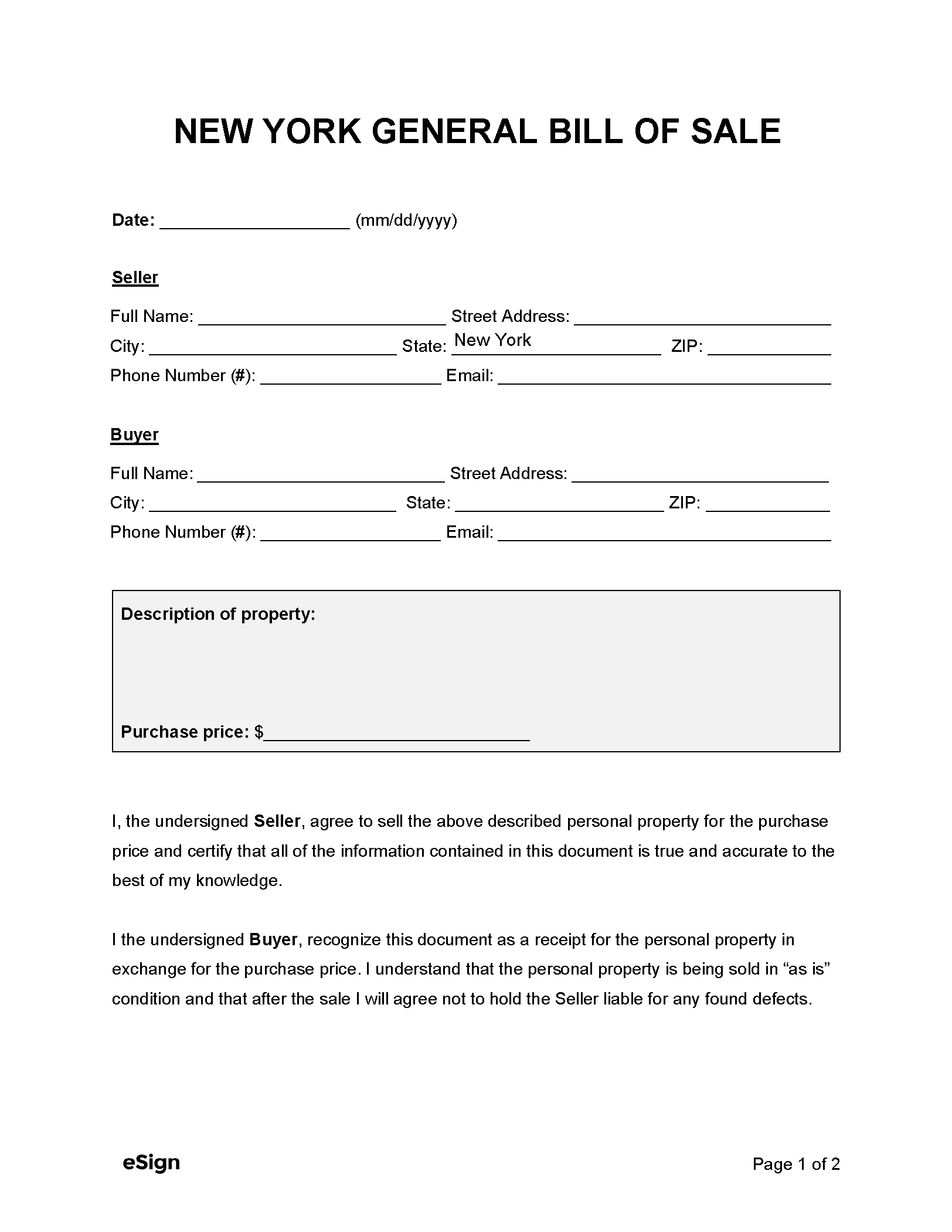 Free New York Bill Of Sale Forms PDF