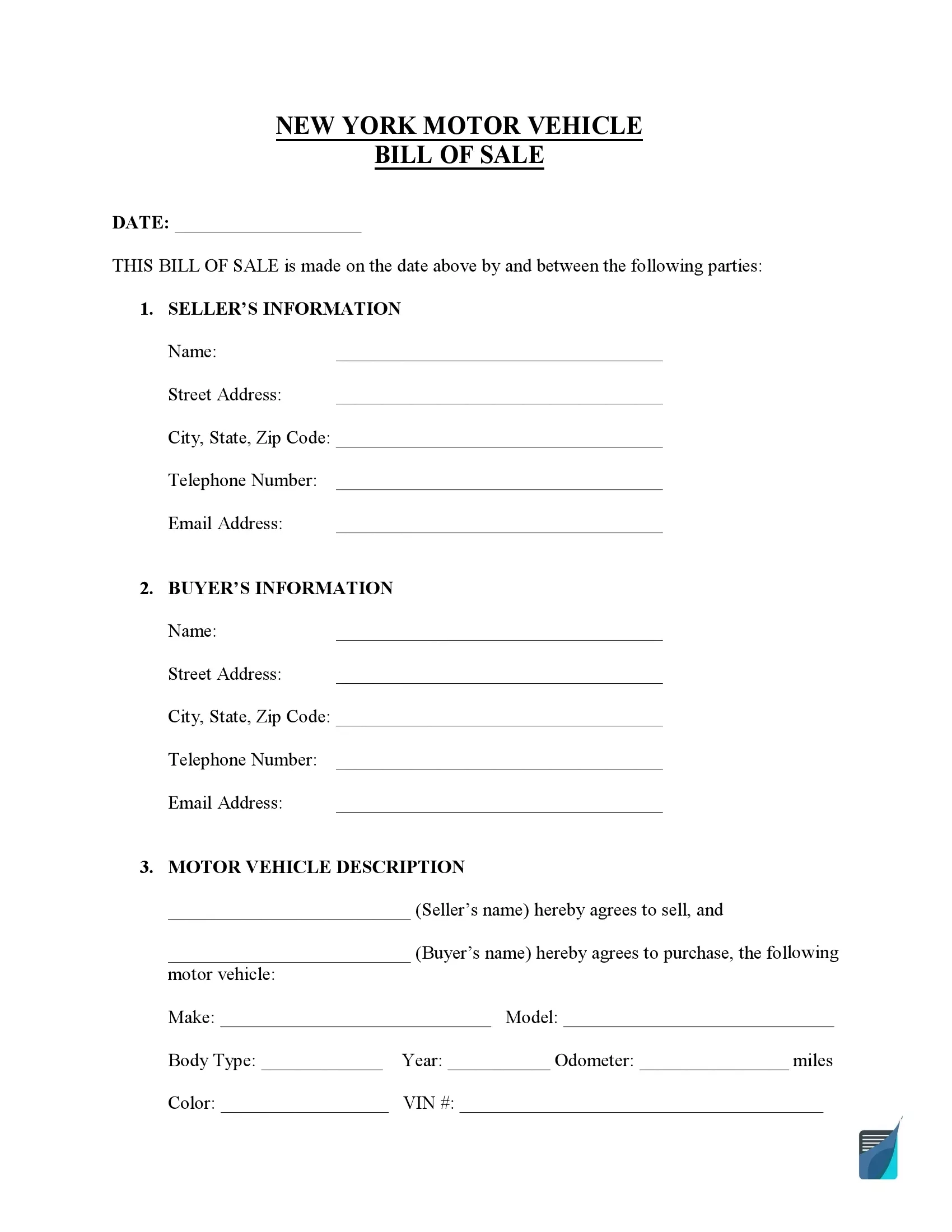 Free New York Bill Of Sale Forms PDF FormsPal