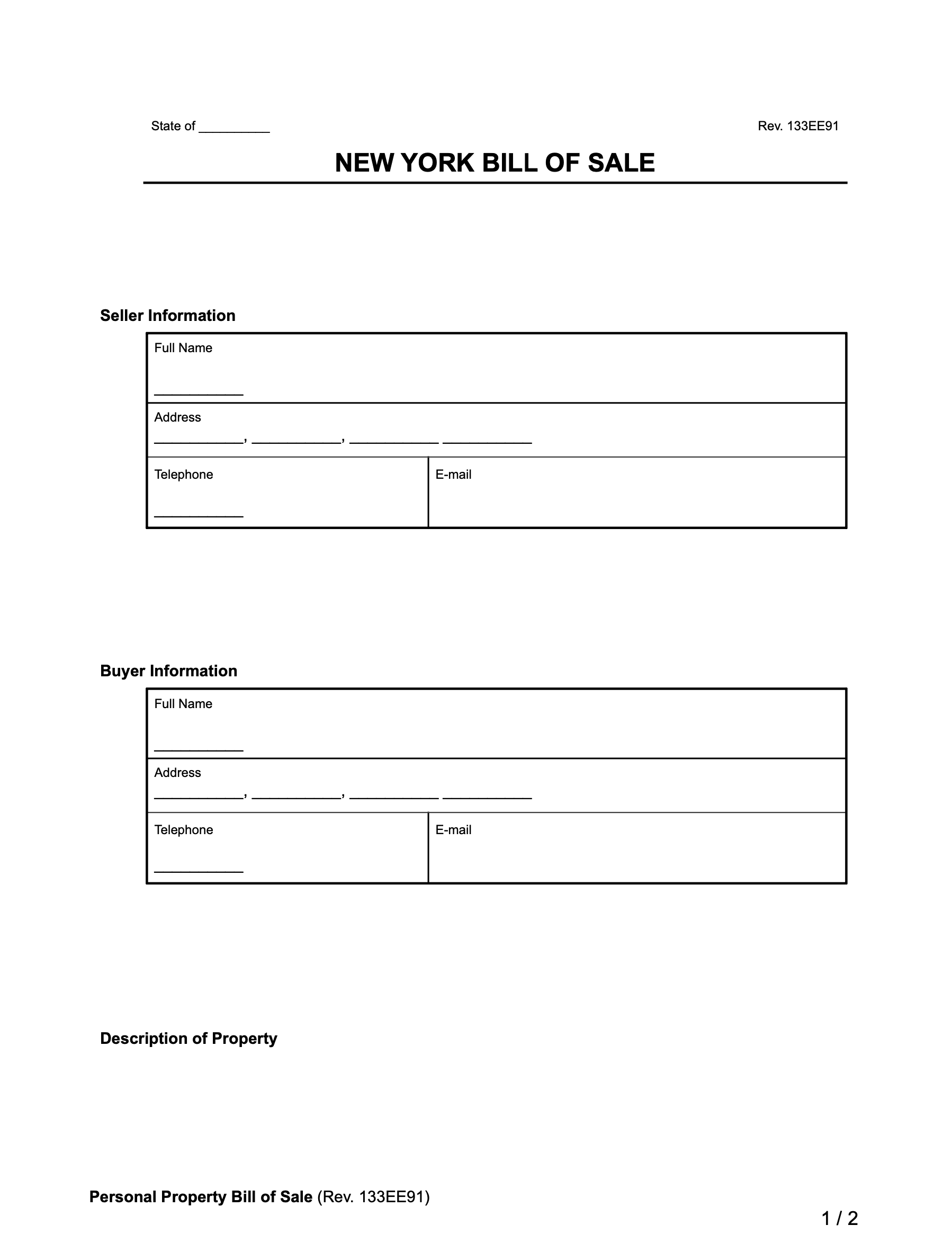 Free New York Bill Of Sale Forms PDF Word