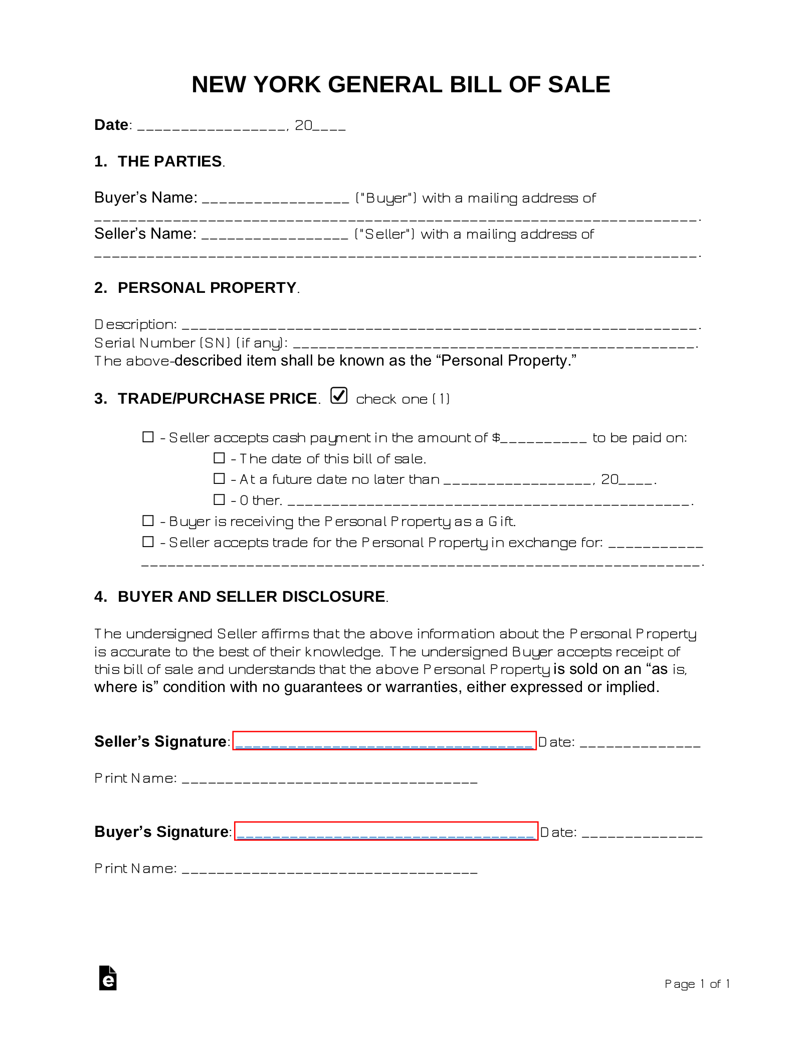 Free New York General Bill Of Sale Form PDF Word EForms