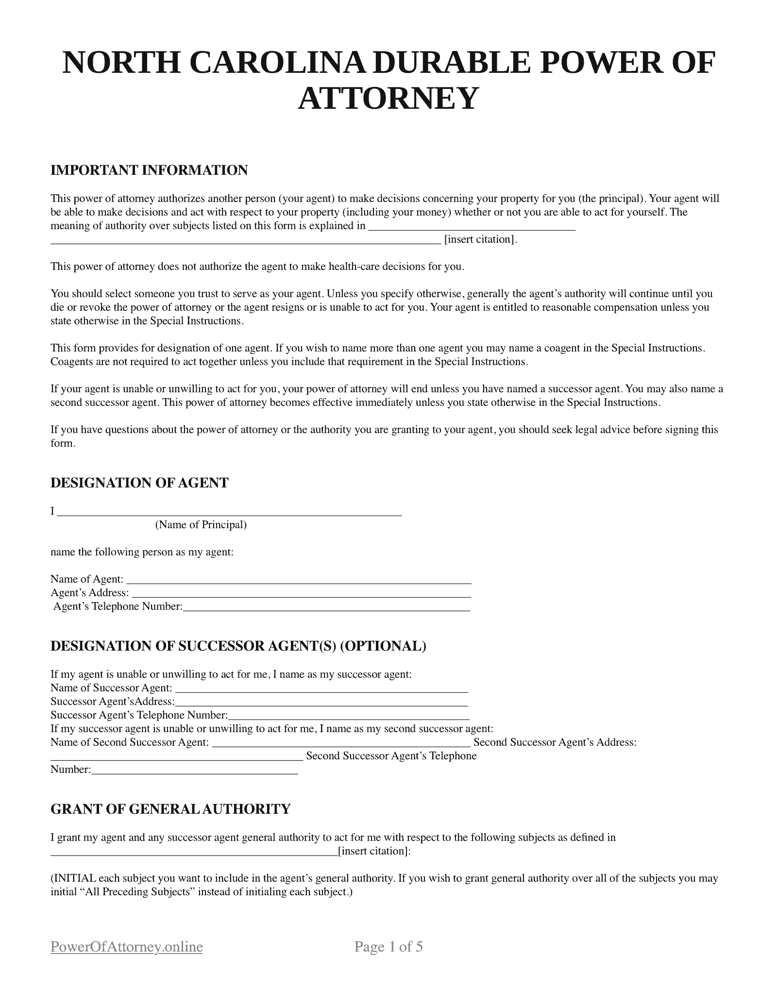 Free North Carolina NC Durable Power Of Attorney Forms Templates PDF