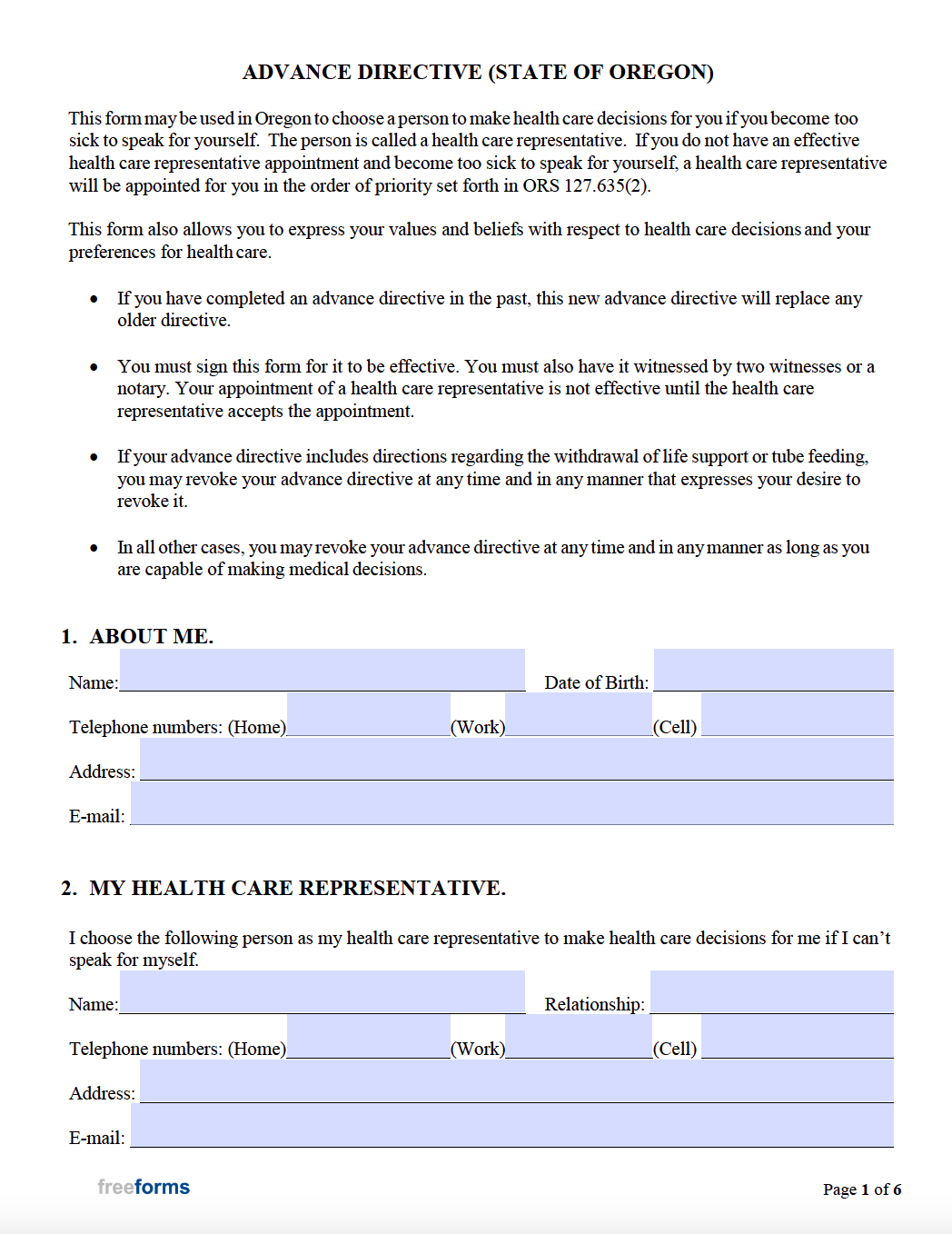 Free Oregon Advance Directive Form Medical POA Living Will PDF