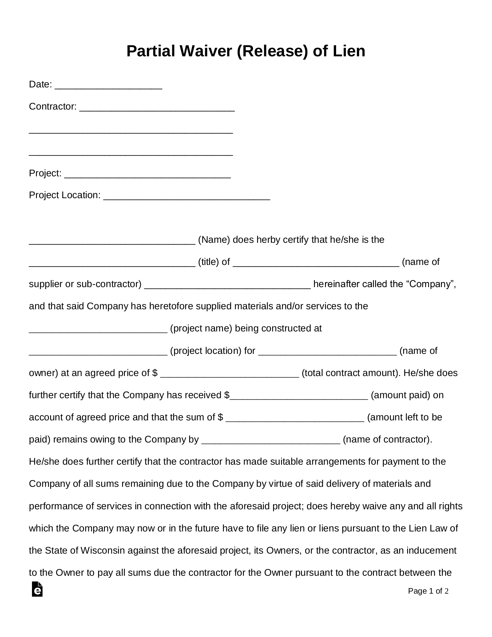 Free Partial Release Of Lien Form PDF Word EForms