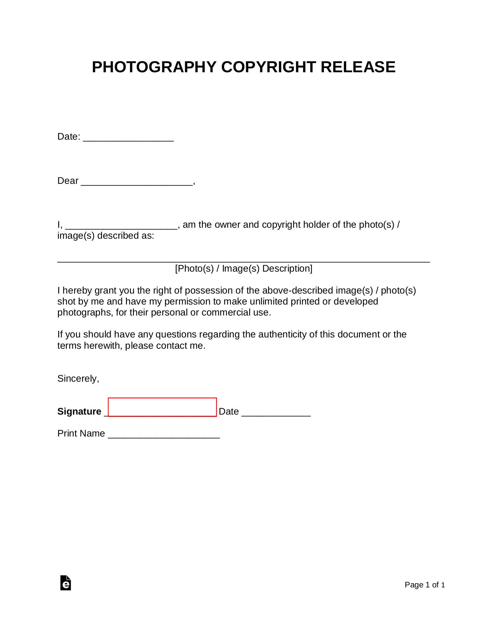 Free Photo Copyright Release Form PDF Word EForms
