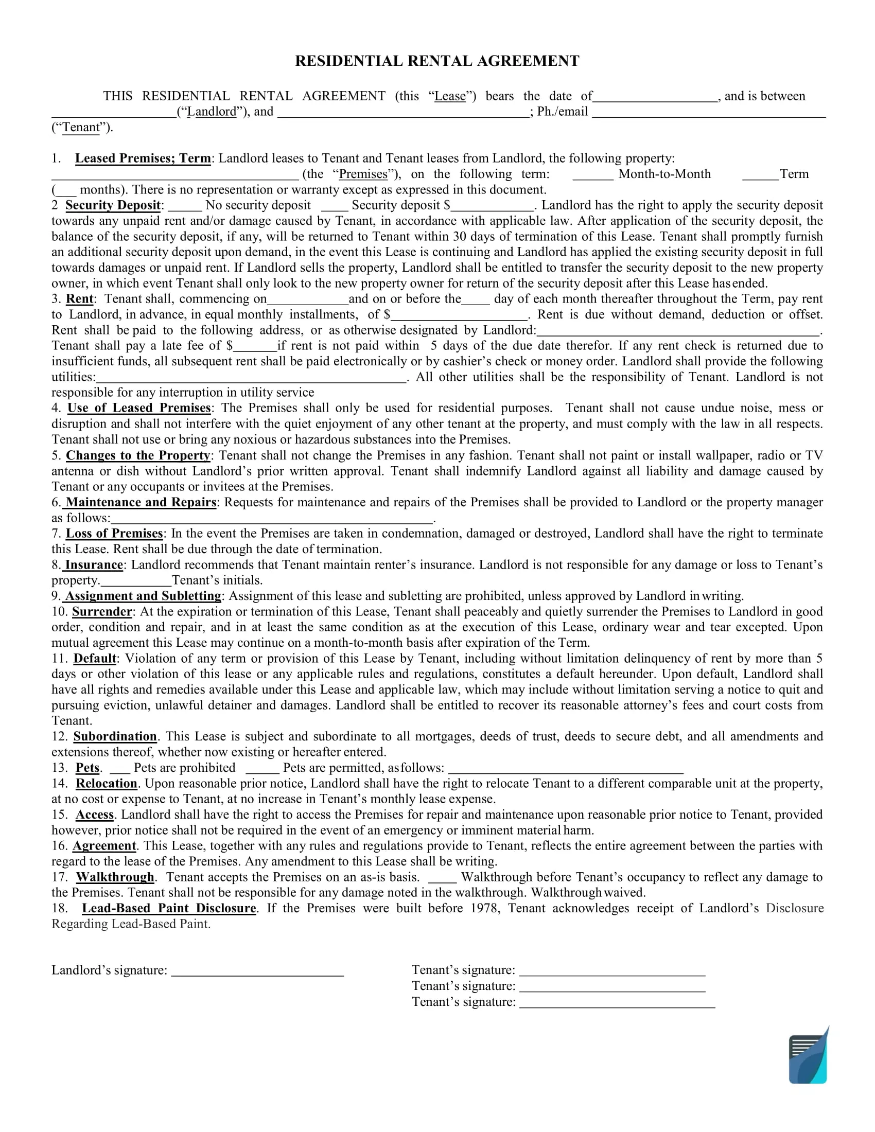 Free Printable Basic Rental Agreement One page Rental Form Worksheets Library