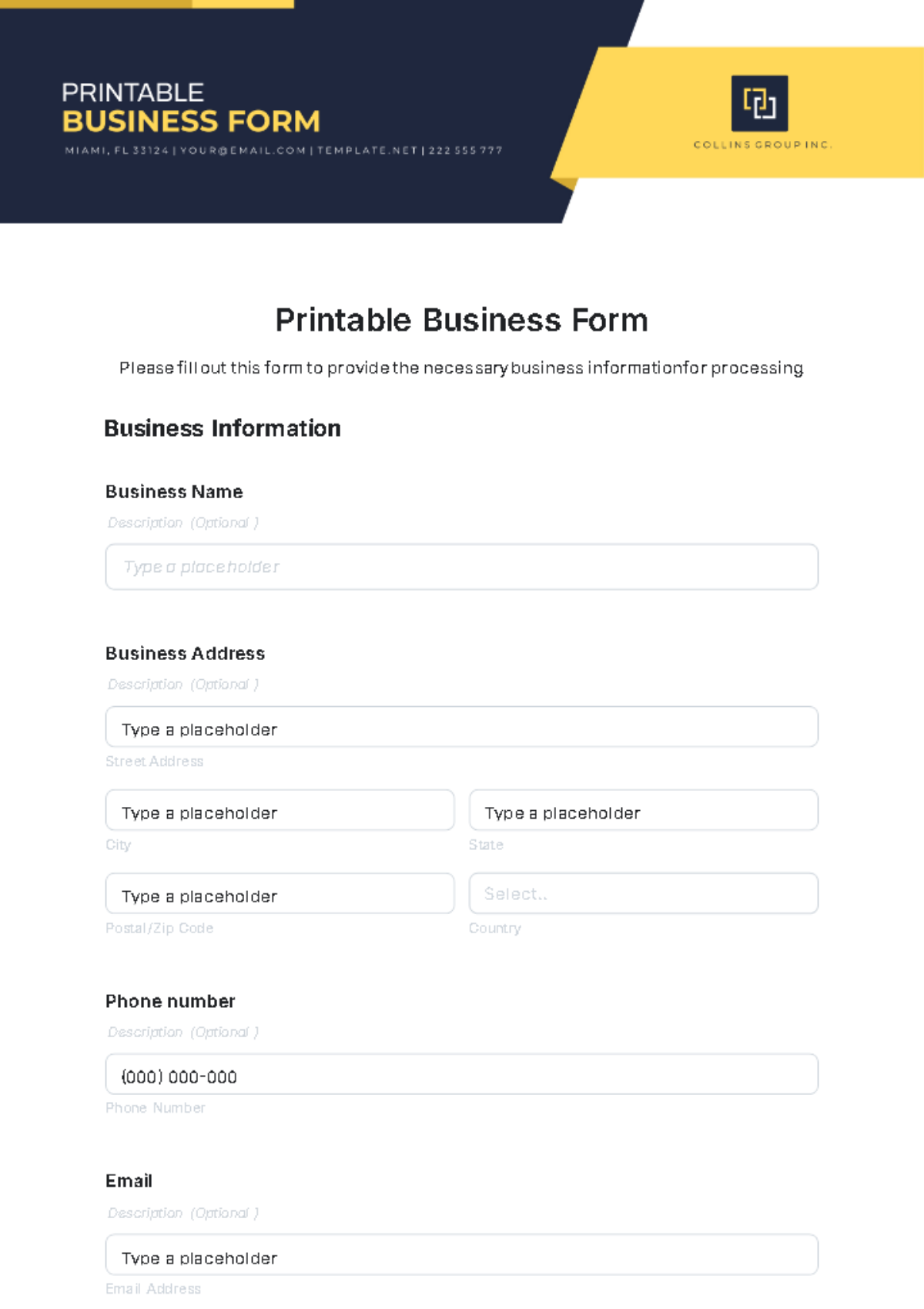 Free Printable Business Form Template To Edit Online