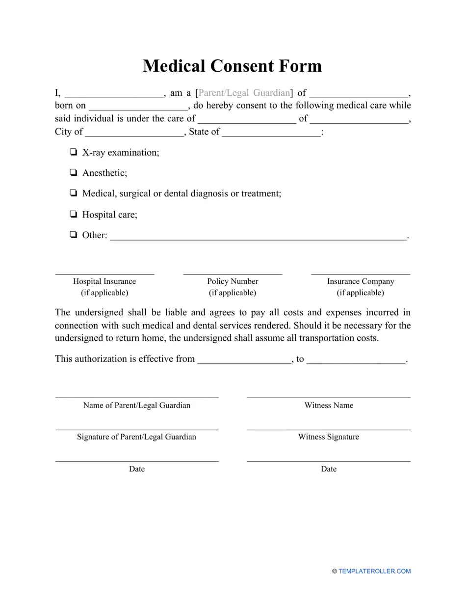 Free Printable Consent To Treat Minor Form Printable Party Favors