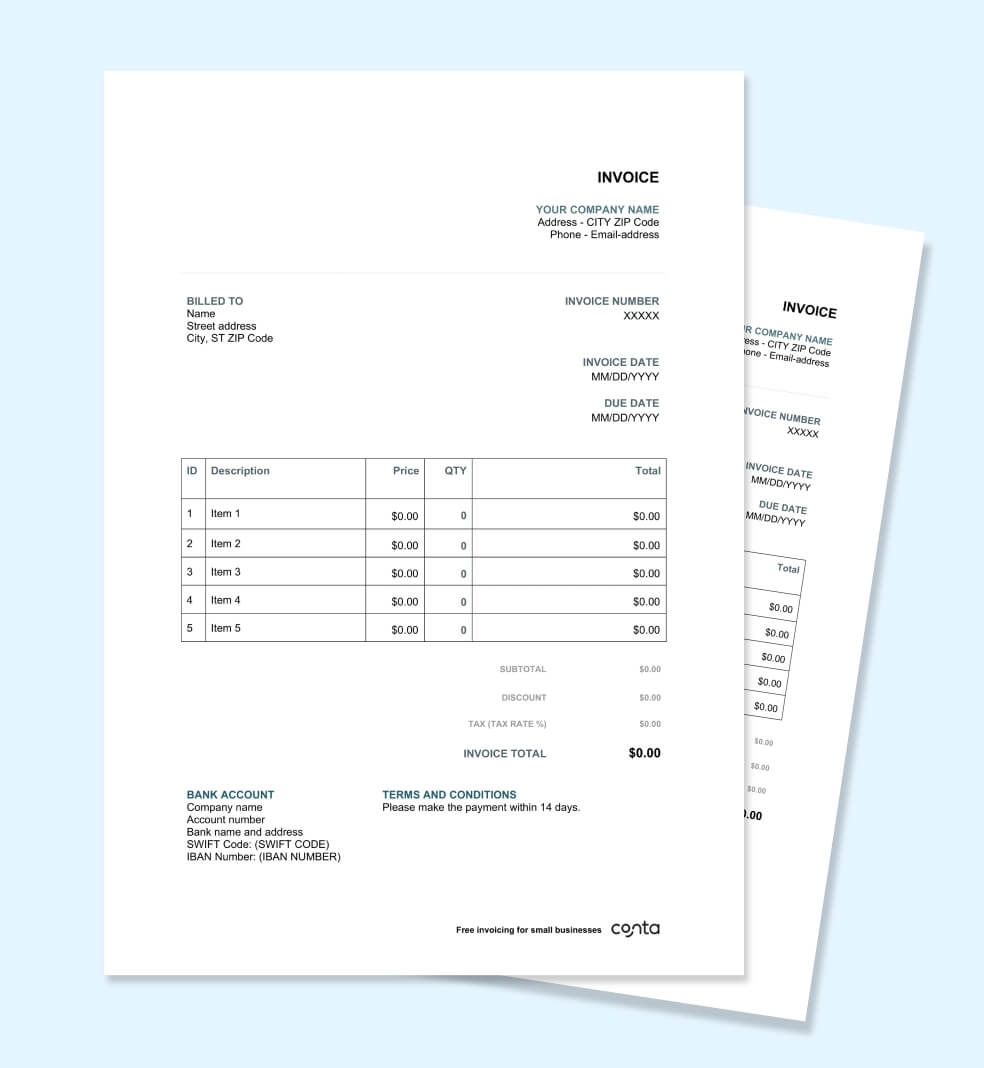 Free Printable Invoice Template Excel Word PDF Conta