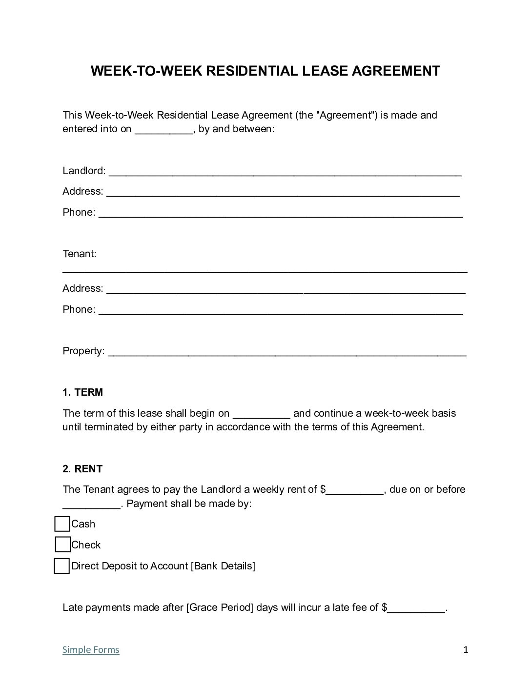 Printable Rental Agreement Form