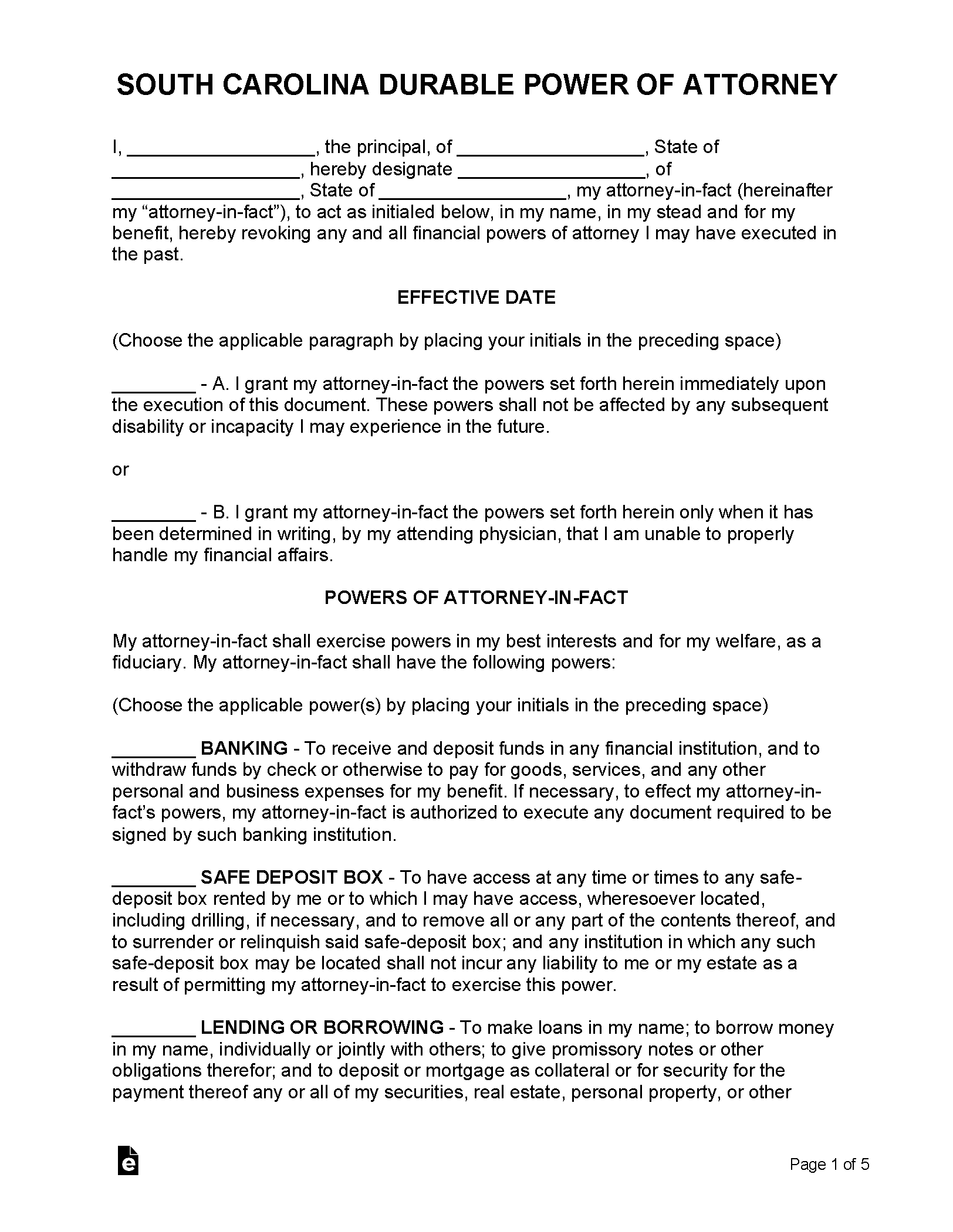 Free South Carolina Durable Financial Power Of Attorney Form PDF